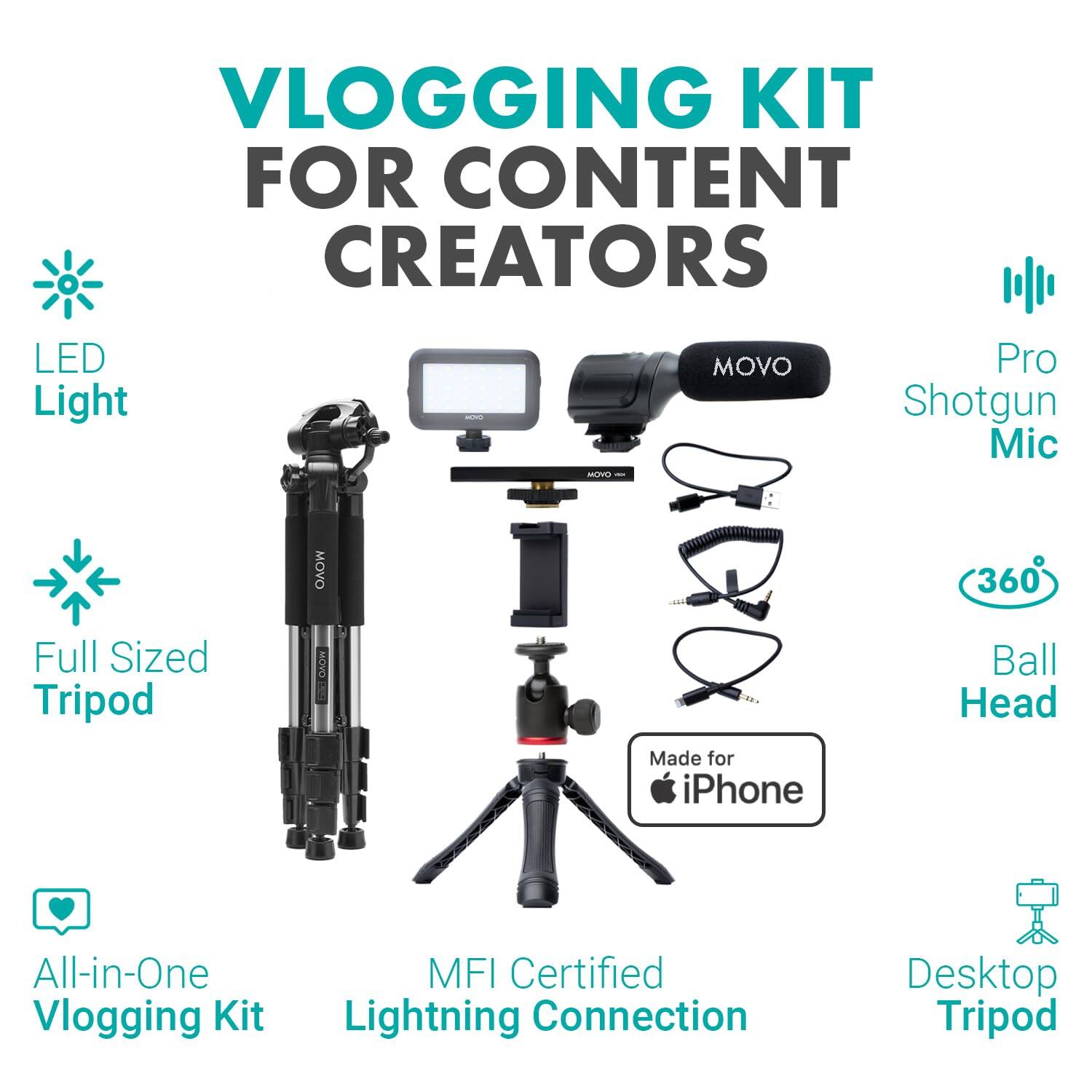 VLOGGING KIT FOR CONTENT CREATORS

- LED Light
- Full Sized Tripod
- Pro Shotgun Mic
- 360° Ball Head
- Made for iPhone
- MFI Certified Lightning Connection
- Desktop Tripod
- All-in-One Vlogging Kit