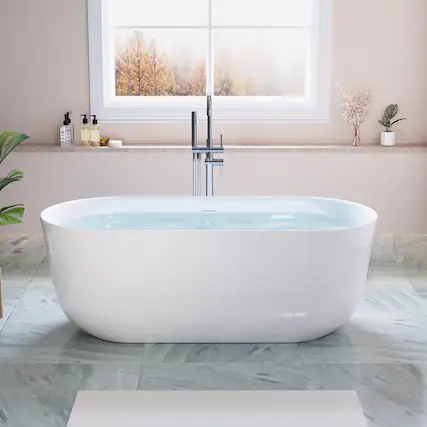 Front. WELLFOR - Seren 67 in. x 30 in. Acrylic Oval Freestanding Soaking Bathtub with Center Pop-Up Drain and Overflow - White.