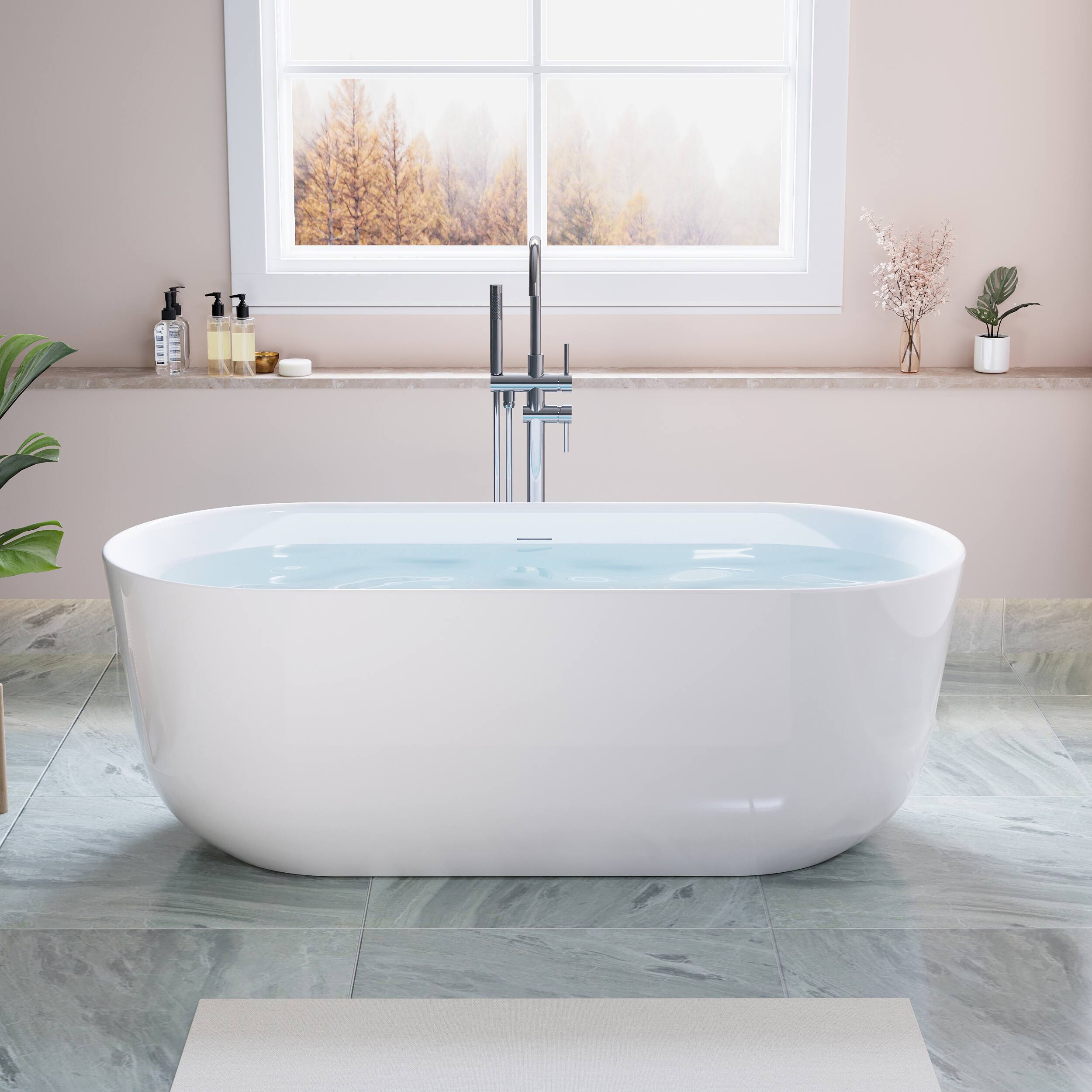 Front. WELLFOR - Seren 67 in. x 30 in. Acrylic Oval Freestanding Soaking Bathtub with Center Pop-Up Drain and Overflow - White.