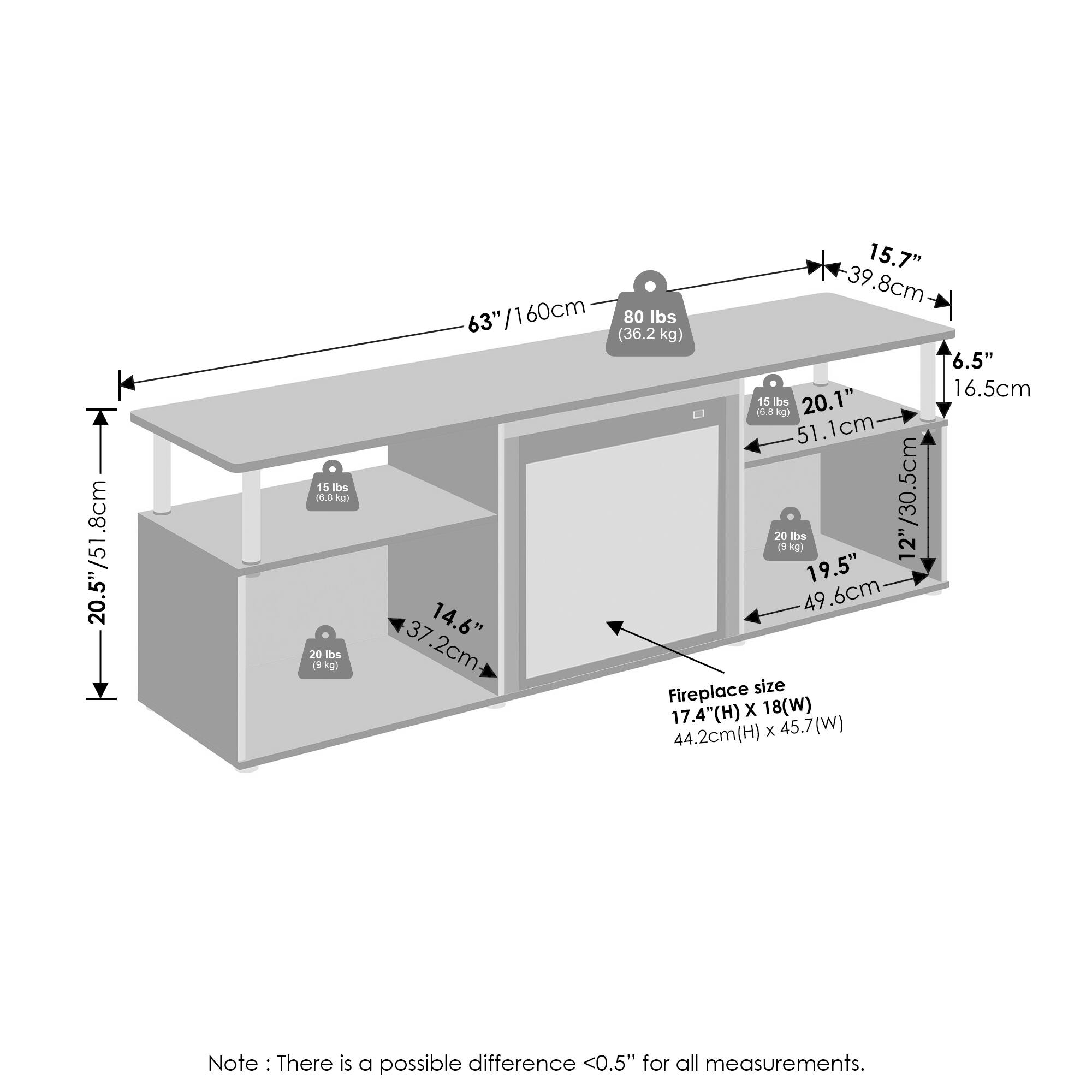 - 63" / 160 cm
- 20.5" / 51.8 cm
- 15 lbs / 6.8 kg
- 15.7" / 39.8 cm
- 6.5" / 16.5 cm
- 20.1" / 51.1 cm
- 19.5" / 49.6 cm
- 14.6" / 37.2 cm
- 17.4" (H) x 18" (W) / 44.2 cm (H) x 45.7 cm (W)
- 80 lbs / 36.2 kg
- 20 lbs / 9 kg
- 20 lbs / 9 kg
- Note: There is a possible difference <0.5" for all measurements.