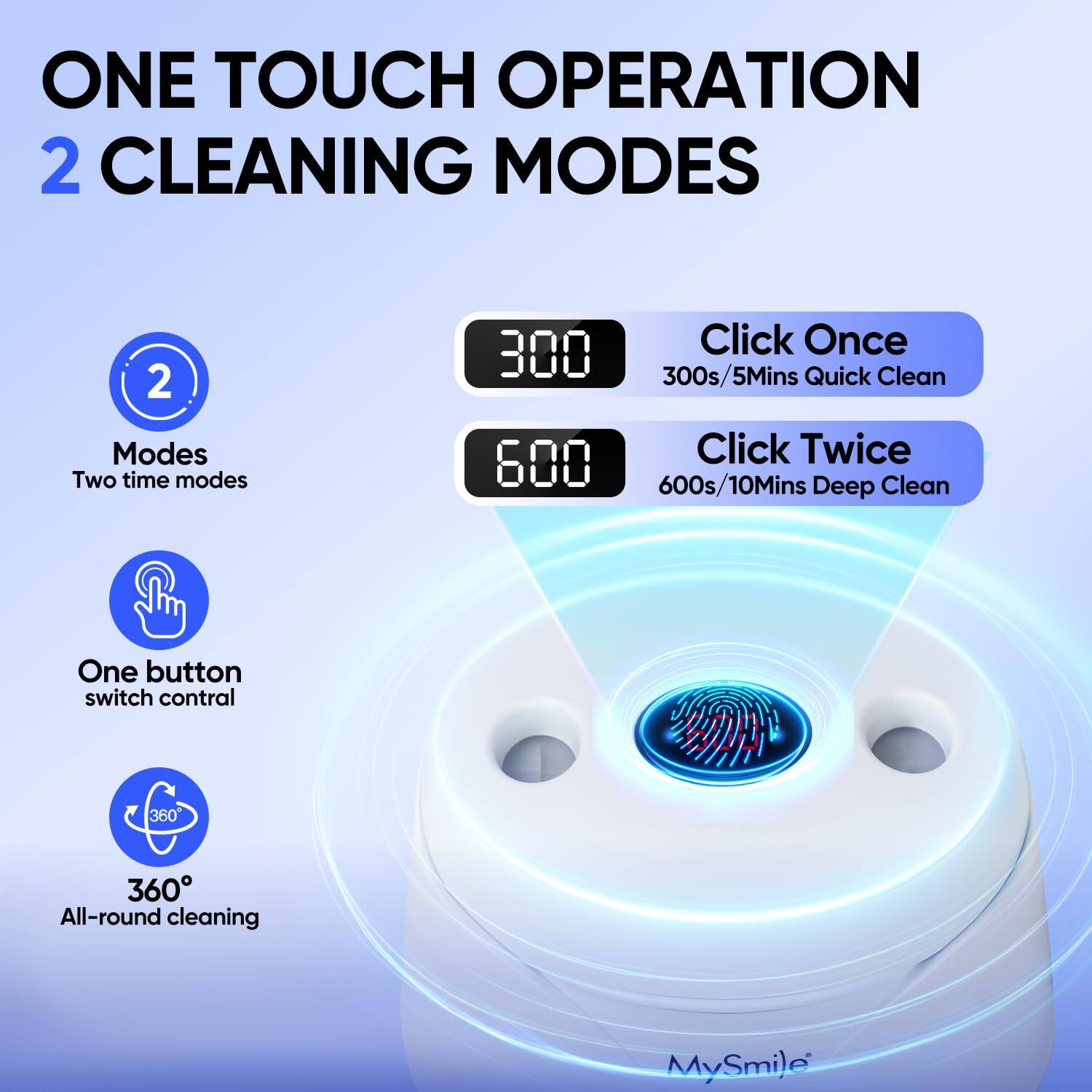 ONE TOUCH OPERATION  
2 CLEANING MODES  

2 Modes  
Two time modes  
300s/5Mins Quick Clean  
Click Once  
600s/10Mins Deep Clean  
Click Twice  

One button switch control  

360°  
All-round cleaning  

MySmile