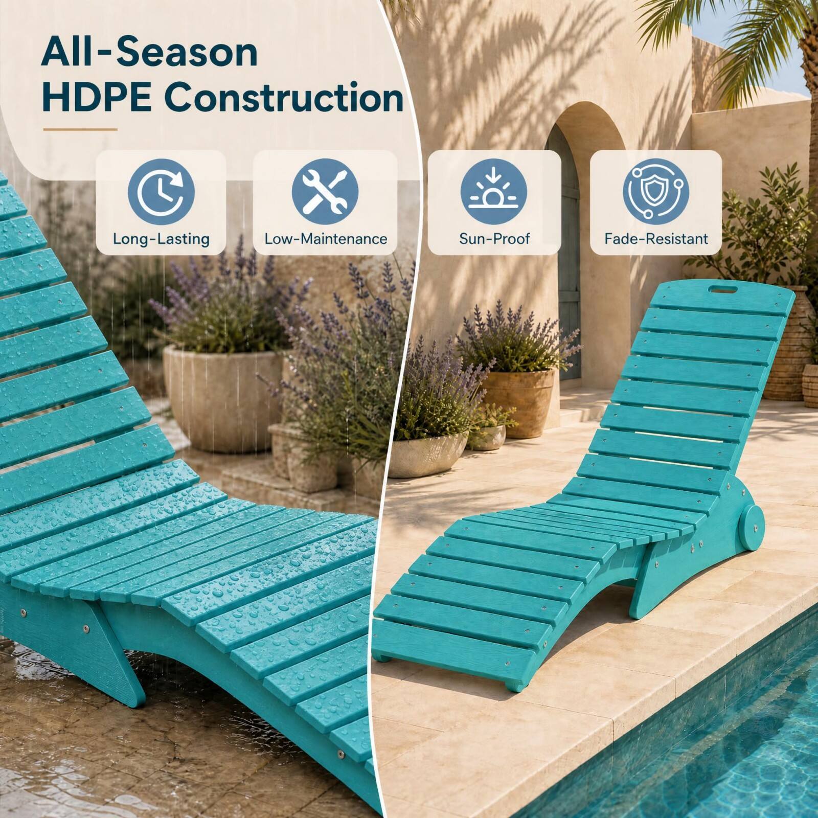 All-Season HDPE Construction

- Long-Lasting
- Low-Maintenance
- Sun-Proof
- Fade-Resistant