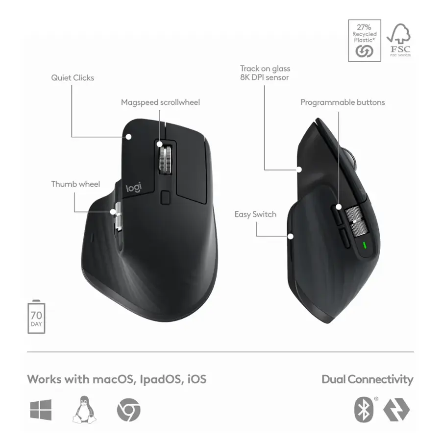 The image features a black computer mouse with a green light on it. It is a Logitech mouse and is designed to work with macOS, IpadOS, and iOS. The mouse has a quiet click feature and a 8K DPI sensor for precise tracking on glass surfaces. It also has a magspeed scroll wheel and programmable buttons, making it a versatile and functional device. The mouse is made from 27% recycled plastic and is FSC certified, indicating its commitment to sustainability.