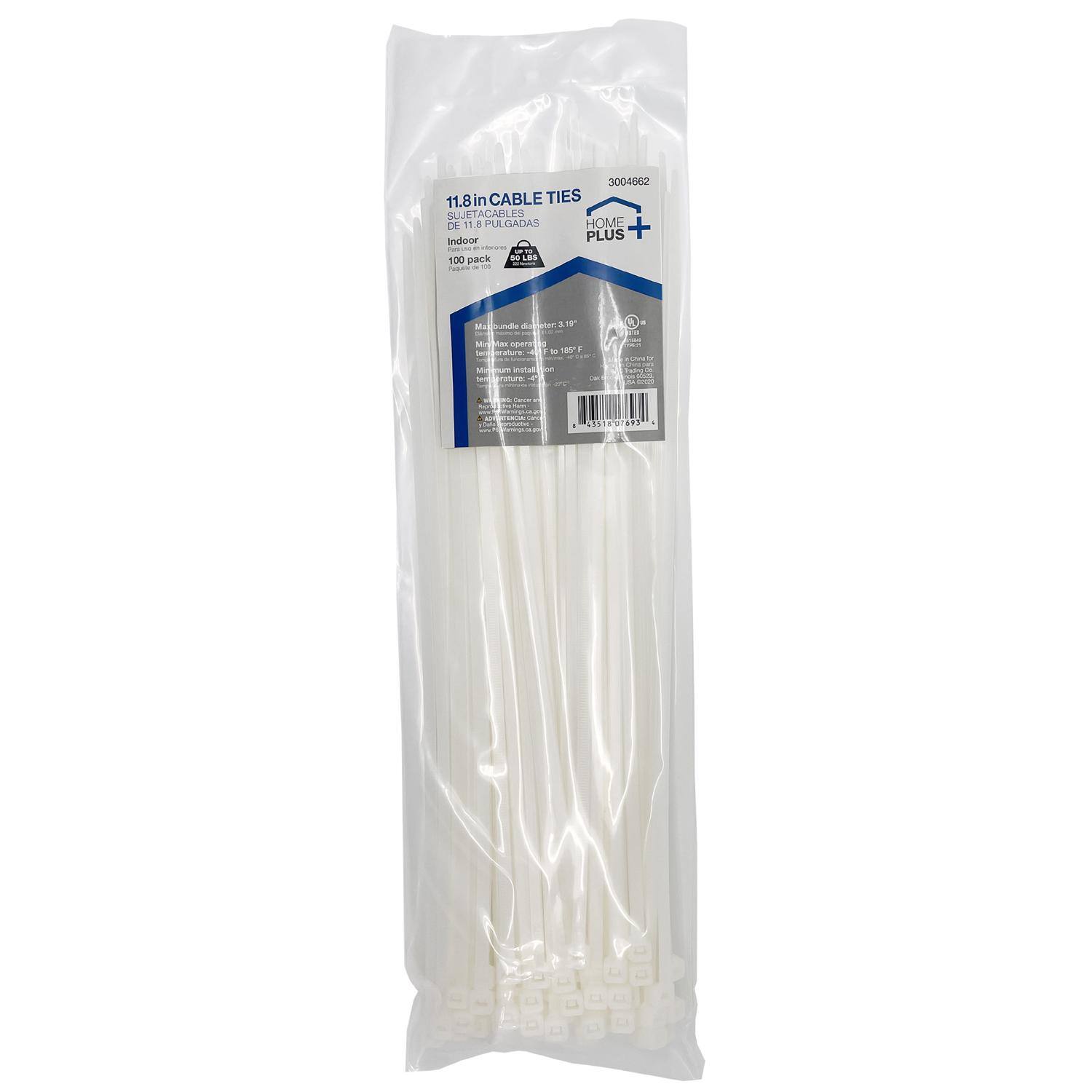 3004662  
11.8in CABLE TIES  
SUJETACABLES DE 11.8 PULGADAS  
HOME PLUS  
Indoor  
100 pack  
40 lbs  
Maximum diameter: 3.15"  
Maximum temperature: 185°F  
Material: Polypropylene  
Made in China  
Barcode: 75010787954  
A1Y