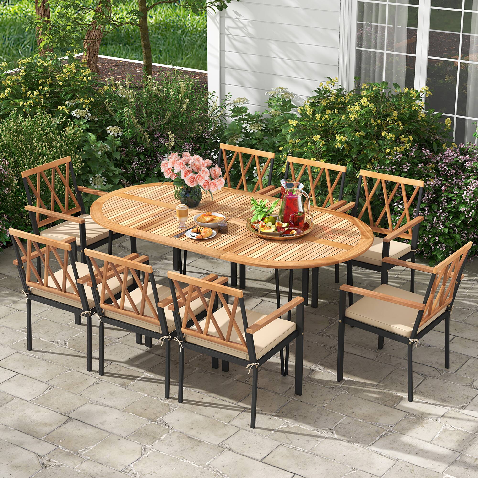Alt View 1. Gymax - Gymax 9 PCS Patio Dining Set Table w/ Acacia Wood Top & Umbrella Hole Metal Frame - Natural, Black.