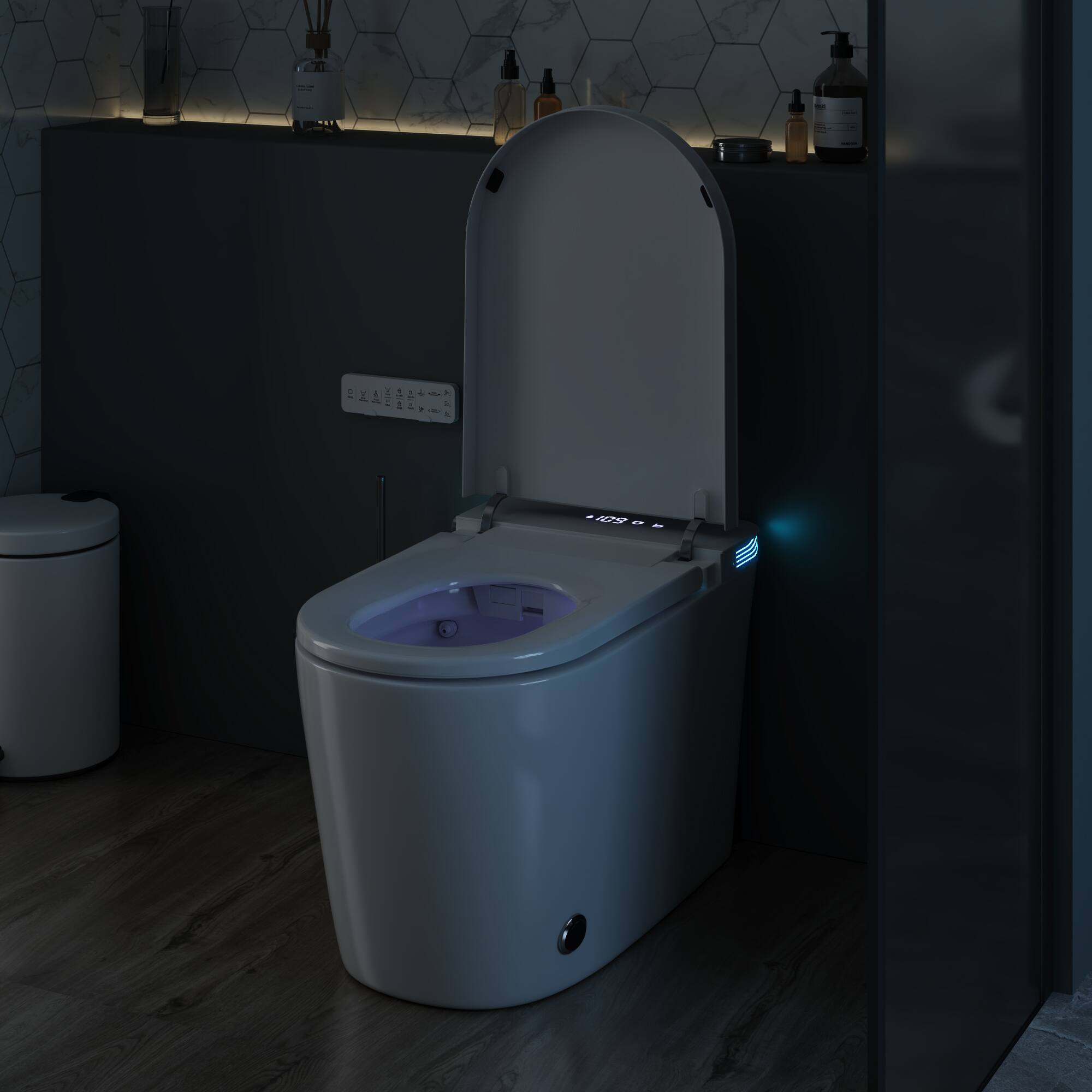 Alt View 10. Famapy - Touchless Smart Toilet with Auto Lid & Auto Flush, Adjustable Bidet Wash, Heated Seat, Warm-Air Dryer, Emergency Flush - White.