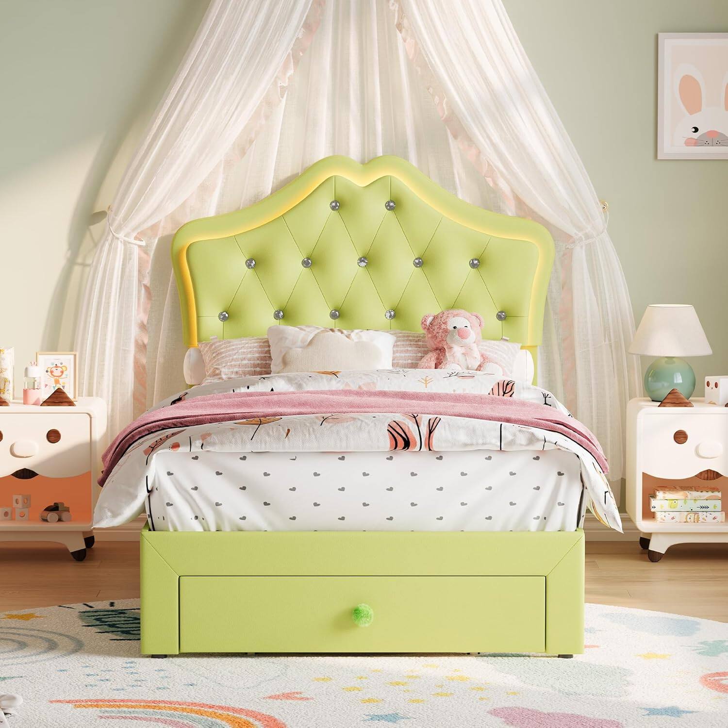 Front. Babevy - Twin Upholstered Platform Bed Frame with Storage Drawers, Princess Bed for Kids with Soft Rainbow Headboard - Green.