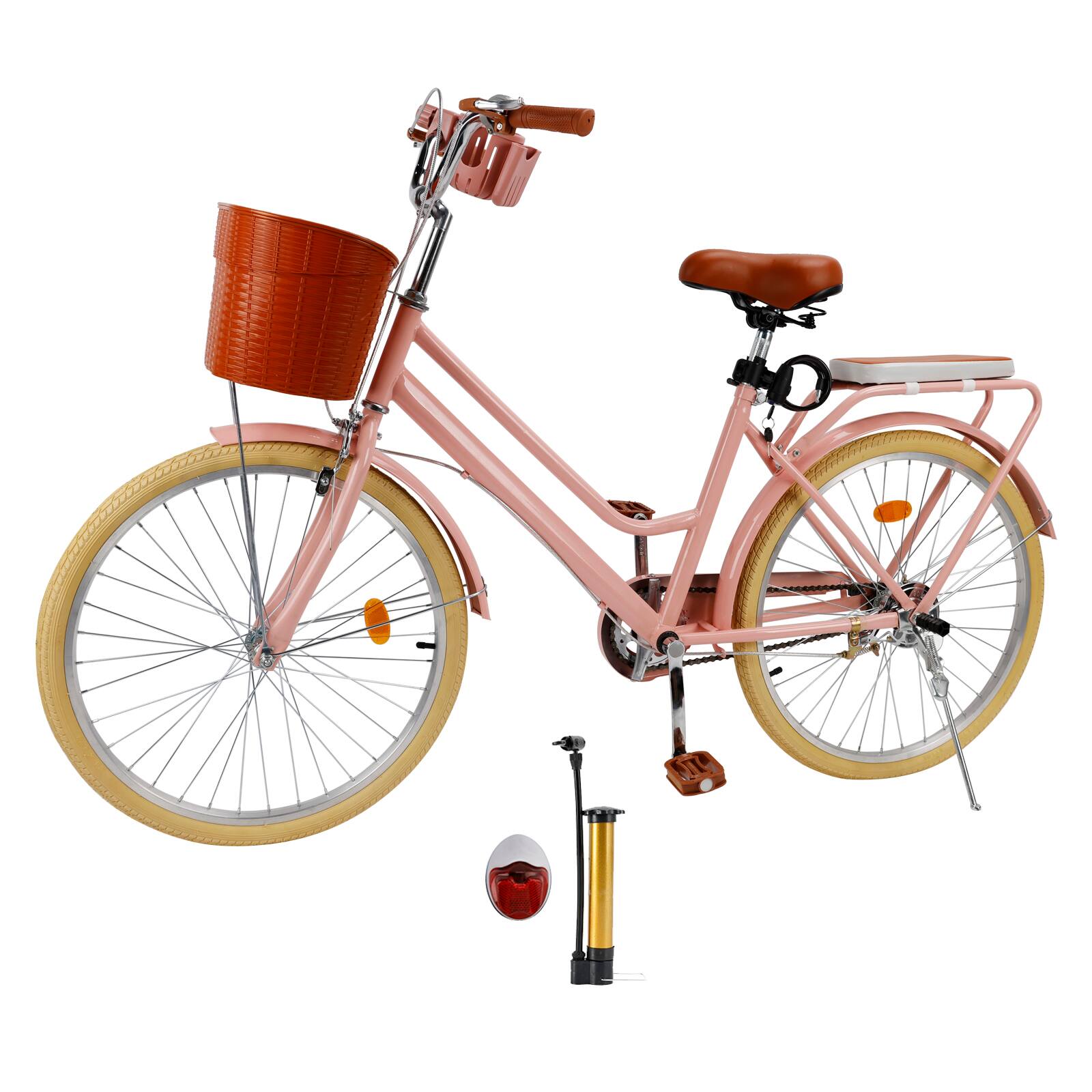 Front. Topteng - 24 inch Commuter Bicycle with Front Basket & Rear Rack, High Carbon Steel Frame, City Bike for Adult Men and Women-Pink - Pink.