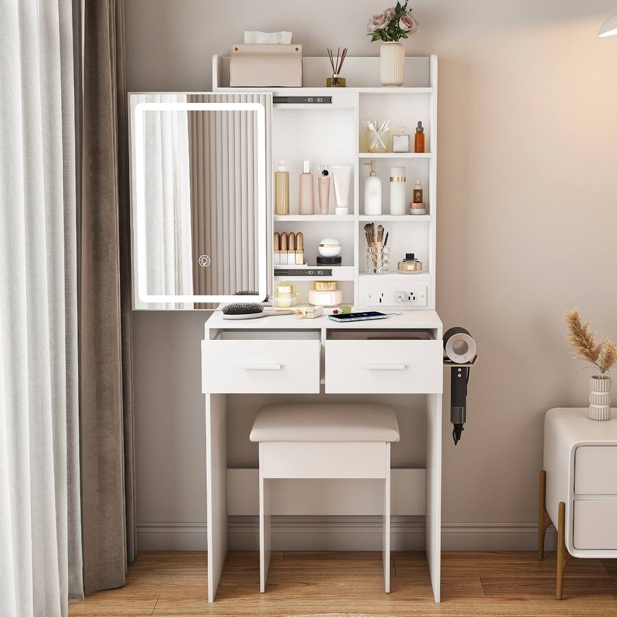 Small Rectangular Makeup Loheer Small Makeup Vanity Desk with Mirror, Upholstered Stool and ...