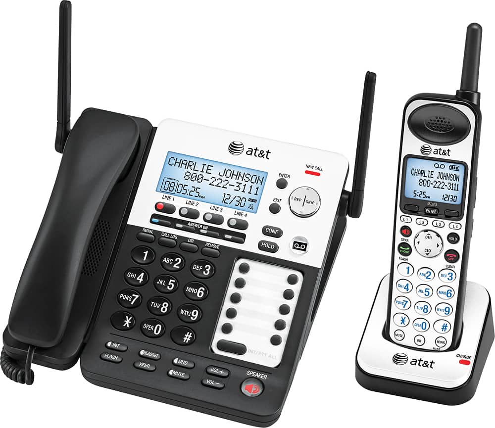 Left. AT&T - SB67138 SynJ® Expandable 4-Line Corded/Cordless Small Business Phone System - Black/Silver.