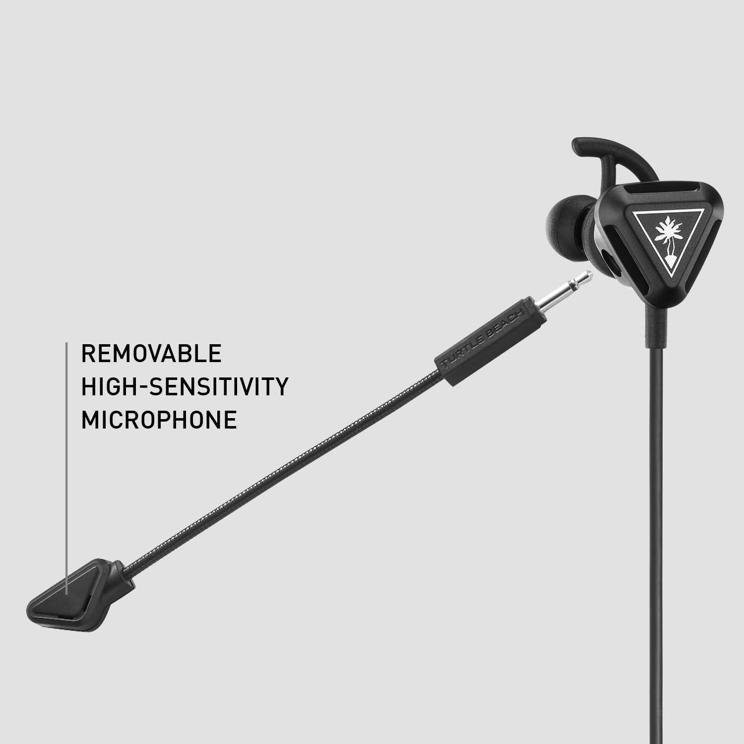 The text on the image reads "Removable High-Sensitivity Microphone Turtle Beach Beach Turtle." This can be grouped and corrected as follows:

"Removable High-Sensitivity Microphone Turtle Beach Beach Turtle."

The text describes a microphone that is part of a headset, specifically a Turtle Beach headset. The microphone is removable and has high sensitivity, which allows for better audio quality during calls or gaming sessions.
