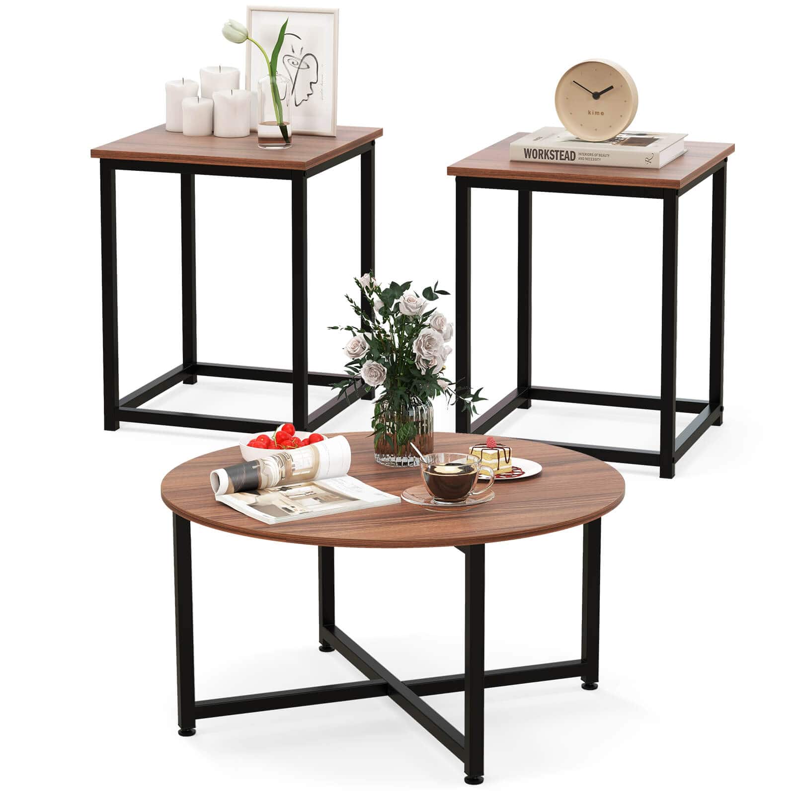 Alt View 17. Costway - 3 PCS Coffee Table Set Round Coffee Table and 2PCS Square End Tables Metal Frame Walnut - Walnut and Black.