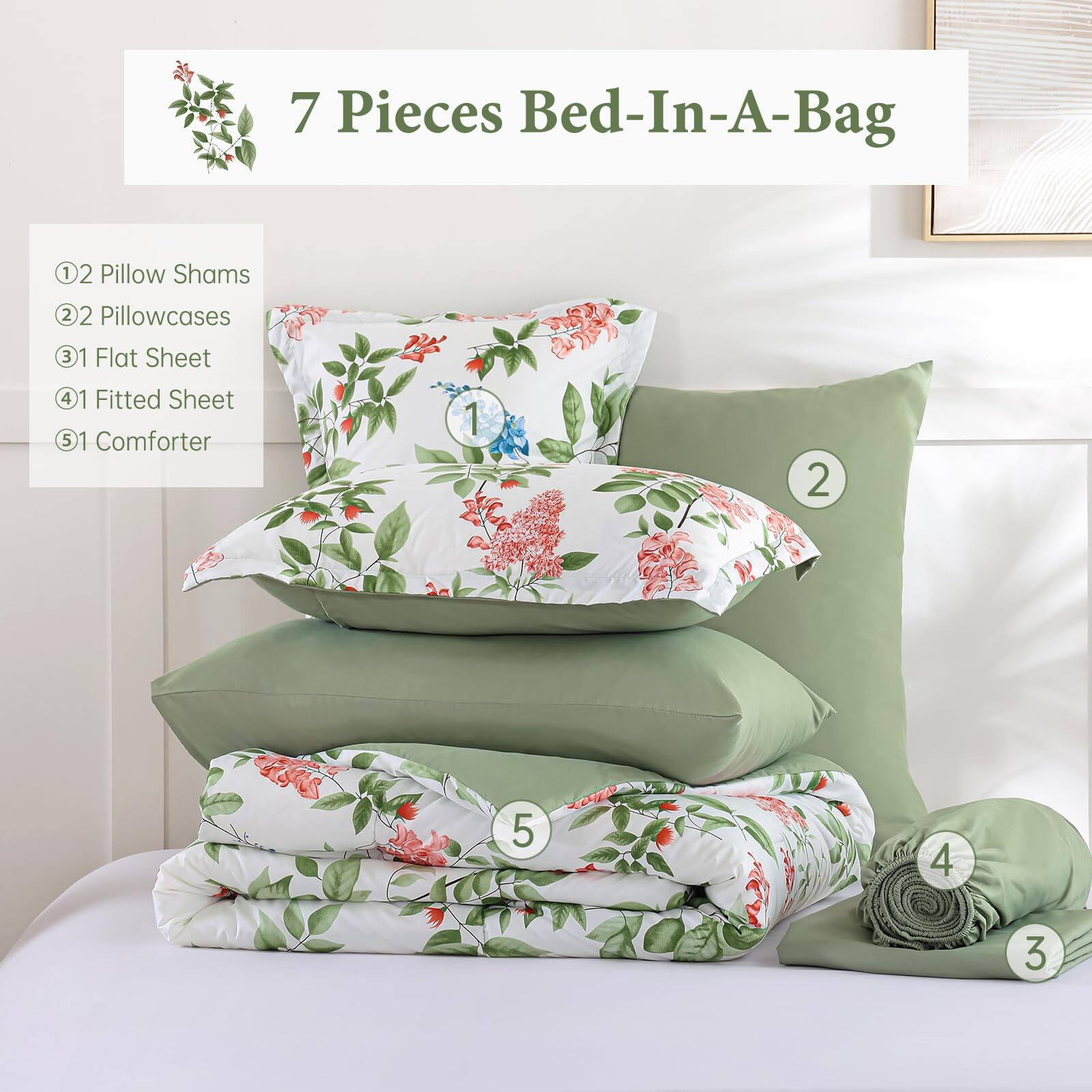 7 Pieces Bed-In-A-Bag

1. 2 Pillow Shams
2. 2 Pillowcases
3. 1 Flat Sheet
4. 1 Fitted Sheet
5. 1 Comforter