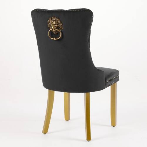 Alt View 1. LUCKY ONE - Assembled Tufted Velvet Dining Chair Set of 2 with Lion Head Pull Ring Golden Wood Legs Nailhead - Black.
