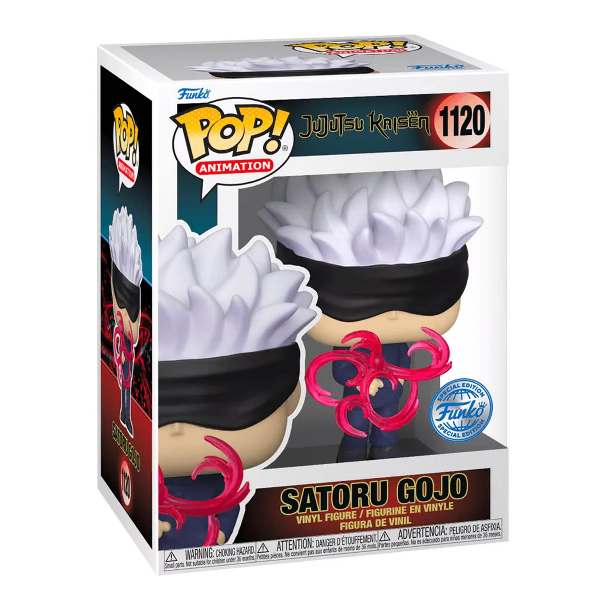 Sure, here is the corrected and grouped text from the image:

---

**Front:**
- **Funko POP!**
- **ANIMATION**
- **Jujutsu Kaisen 1120**
- **SATORU GOJO**
- **VINYL FIGURE / FIGURINE EN VINYLE / FIGURA DE VINIL / FIGURA DE VINIL**
- **SPECIAL EDITION**
- **Funko POP! SPECIAL EDITION**

**Warnings:**
- **WARNING: CHOKING HAZARD - Small parts. Not for children under 3 years.**
- **ATTENTION: PEU D'ÉTOUFFEMENT - Petite pièce. Ne convient pas aux enfants de moins de 3 ans.**
- **ADVERTENCIA: PEQUEÑAS PIEZAS. NO ADECUADO PARA MENORES DE 3 AÑOS.**

**Side:**
- **Funko POP!**
- **ANIMATION**
- **Jujutsu Kaisen**
- **SATORU GOJO**

**Bottom:**
- **WARNING: CHOKING HAZARD - Small parts. Not for children under 3 years.**
- **ATTENTION: PE