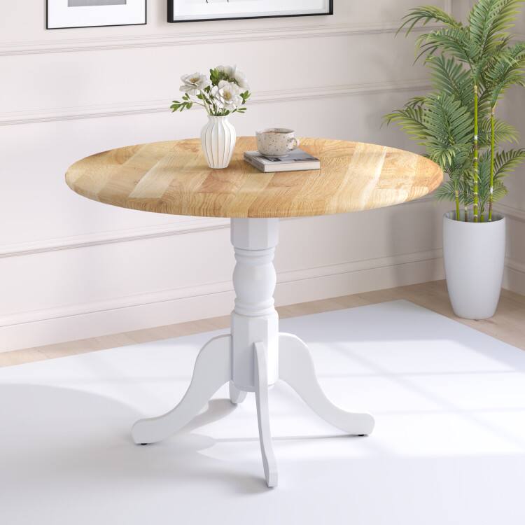 Left. SlickBlue - Wood Dining Table with Round Tabletop and Stylish Trestle Legs - Natural, White.