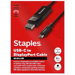 Staples TECH - 6 ft. USB-C to DisplayPort Audio/Video Cable, Male to Male - Black