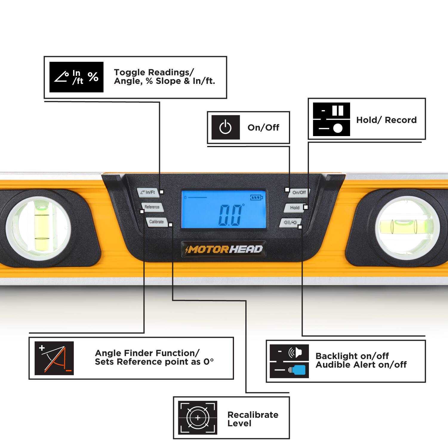 In/ft % Toggle Readings/ Angle, % Slope & In/ft. On/Off Hold/ Record 2 WVFI ieference Caribrate A. 00 OwOe Hold I0 MOTORHEAD X Angle Finder Function/ Sets Reference point as 0 Backlight on/off Audible Alert on/off + Recalibrate Level
