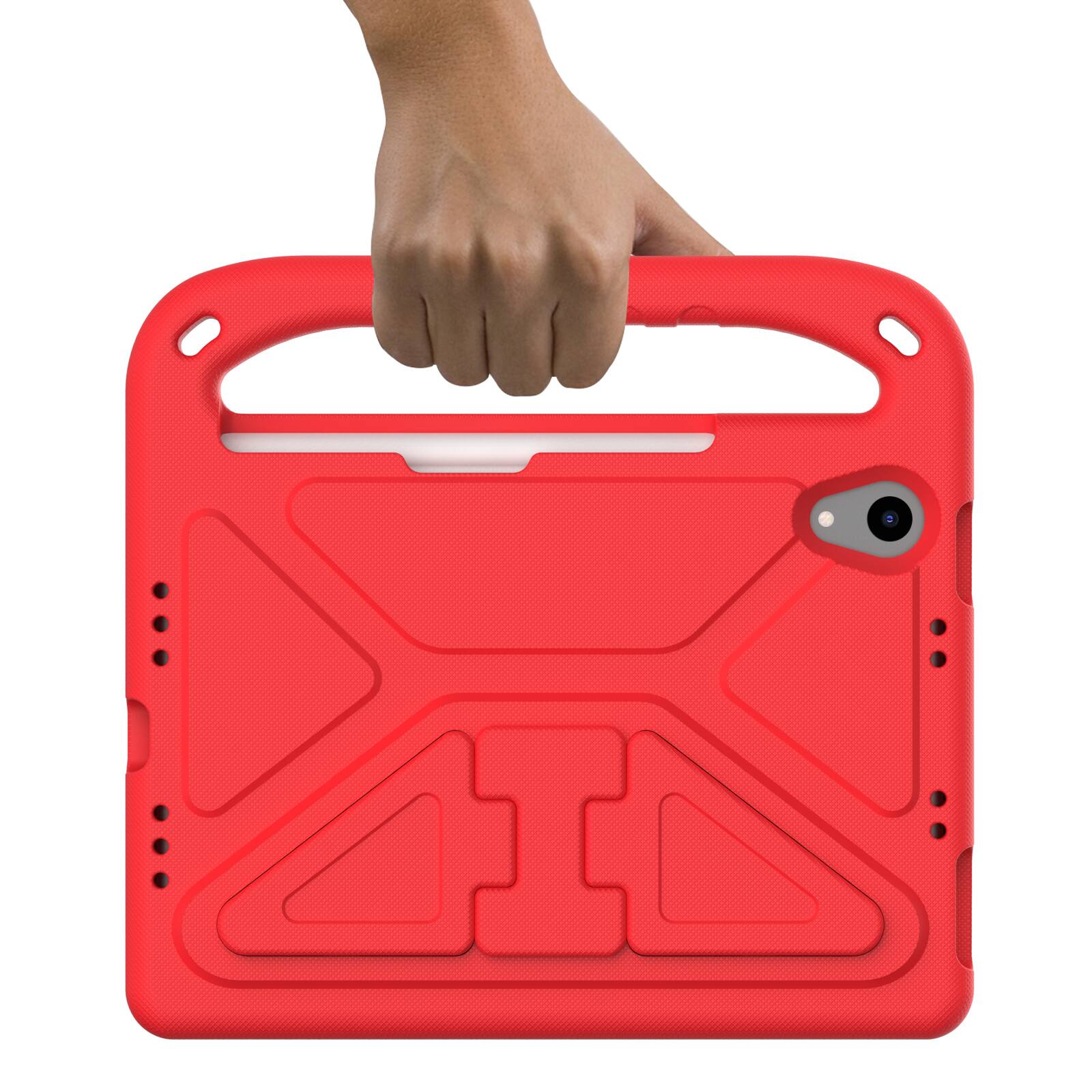 Angle. UUCOVER - Lightweight EVA Case for iPad mini A17 Pro 8.3-inch 2024/iPad mini 6th Gen Shockproof Handle Kickstand Anti-Slip Cover - Red.