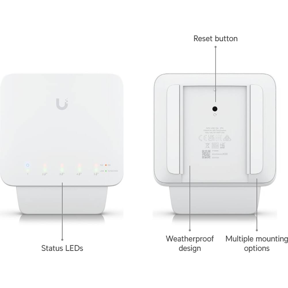 - Reset button
- Status LEDs
- Weatherproof design
- Multiple mounting options