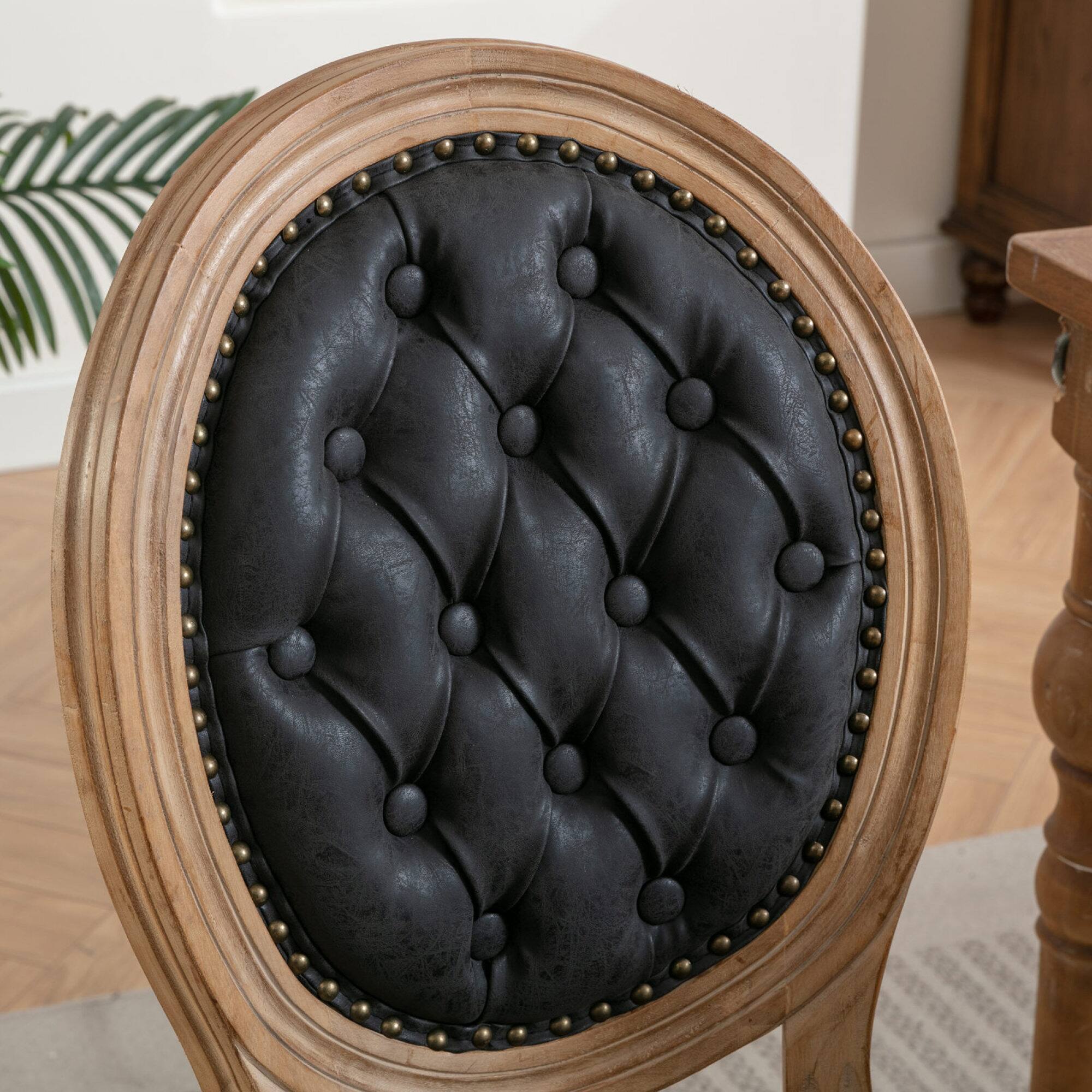 Alt View 4. GOODSILO - French Style Solid Wood Frame Antique Dining Chairs with Hand-Pulled Buckle Decoration and Nailhead Trim, Set of 2 - Black PU.