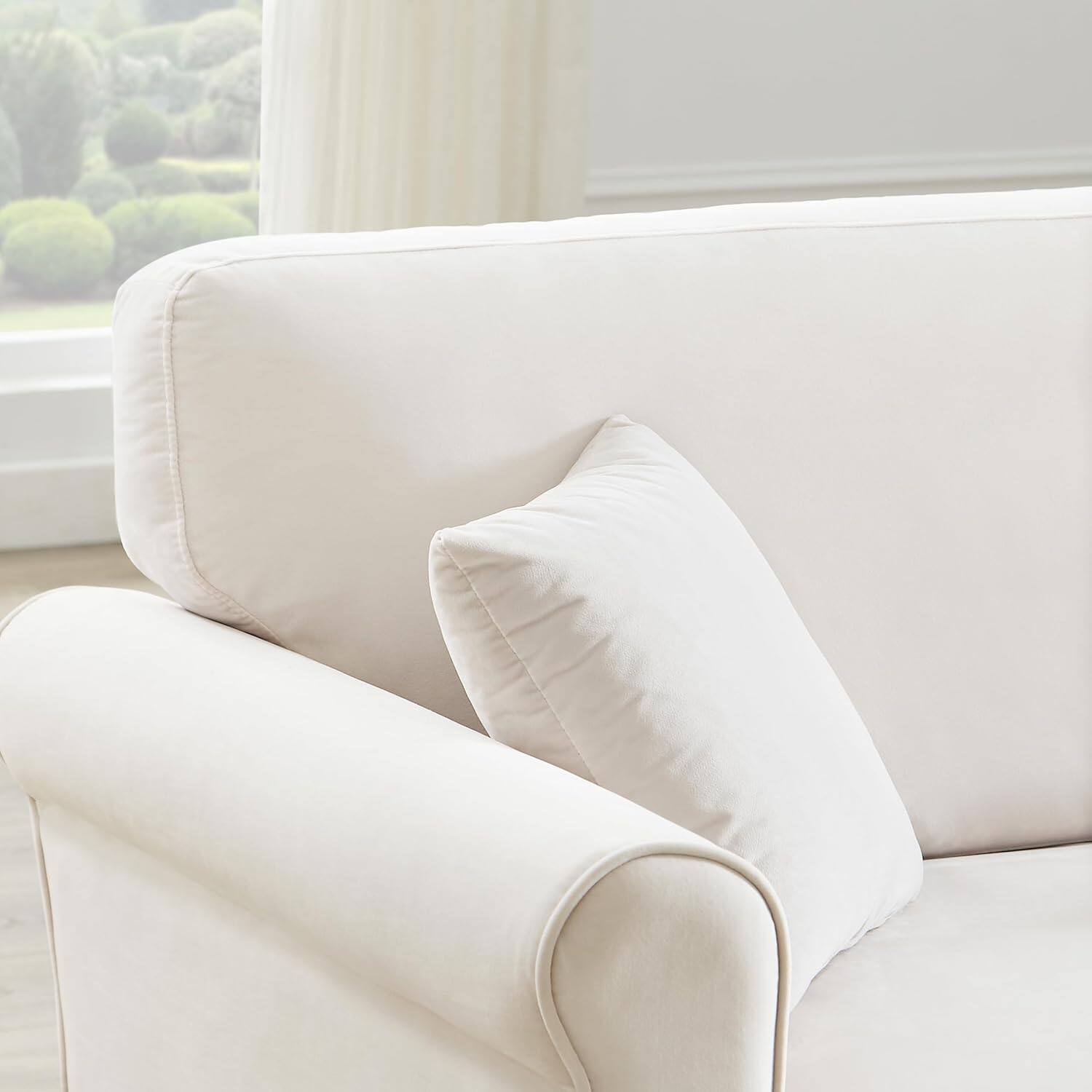 Back. Electra Tech Xpress - FREEHOMAE-Modren 82.48'' Velvet Fabric Couch, 3 Seater Sofa, Big Loveseat for Living Room - BeigeWhite.