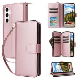 Dteck - Crossbody Wallet Case for Samsung Galaxy S26+, Shockproof Zipper Pocket PU Leather Folio Cover with 9 Card Slots - Rosegold