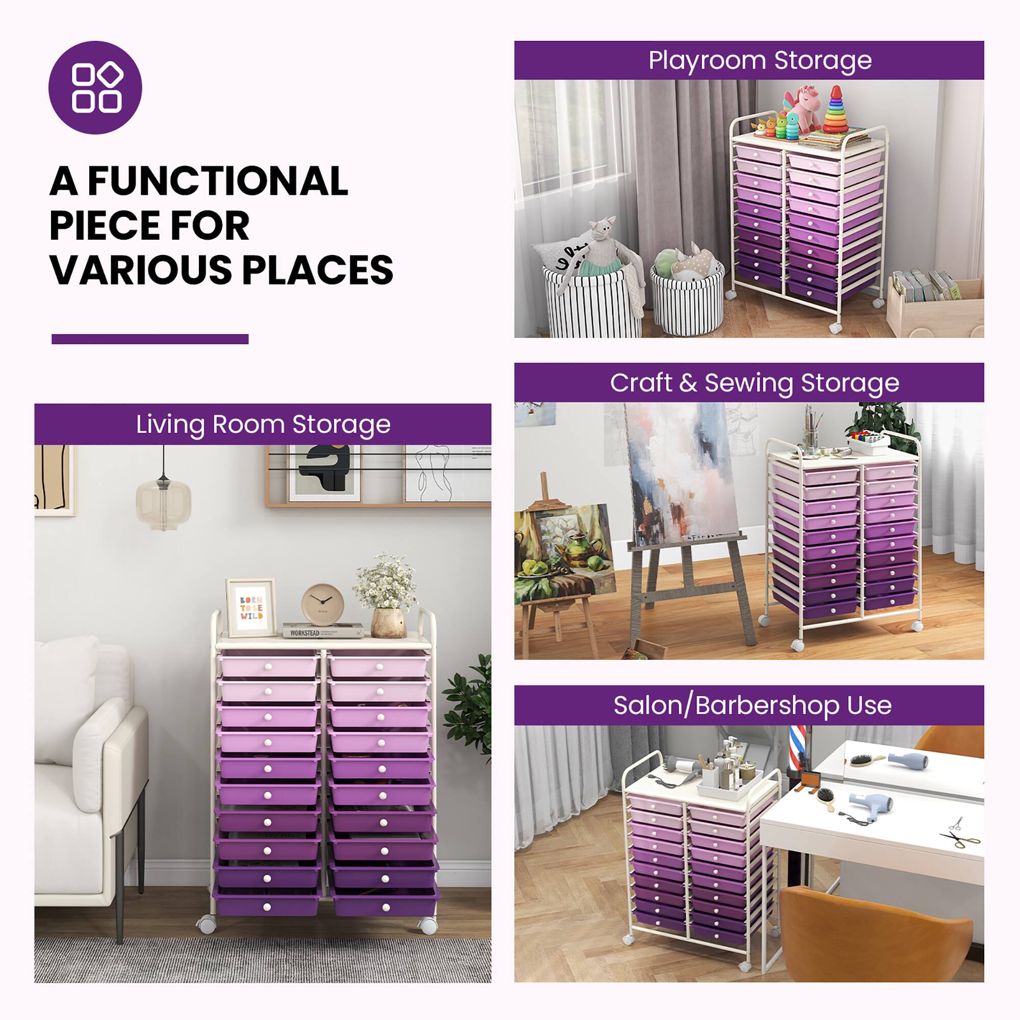 A FUNCTIONAL PIECE FOR VARIOUS PLACES

Living Room Storage

Playroom Storage

Craft & Sewing Storage

Salon/Barbershop Use