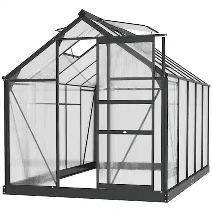 Front. Outsunny - 6' x 10' Greenhouse for Outdoors, Polycarbonate Greenhouse with Rain Gutter and Roof Vent, Aluminum Walk-in Green House.