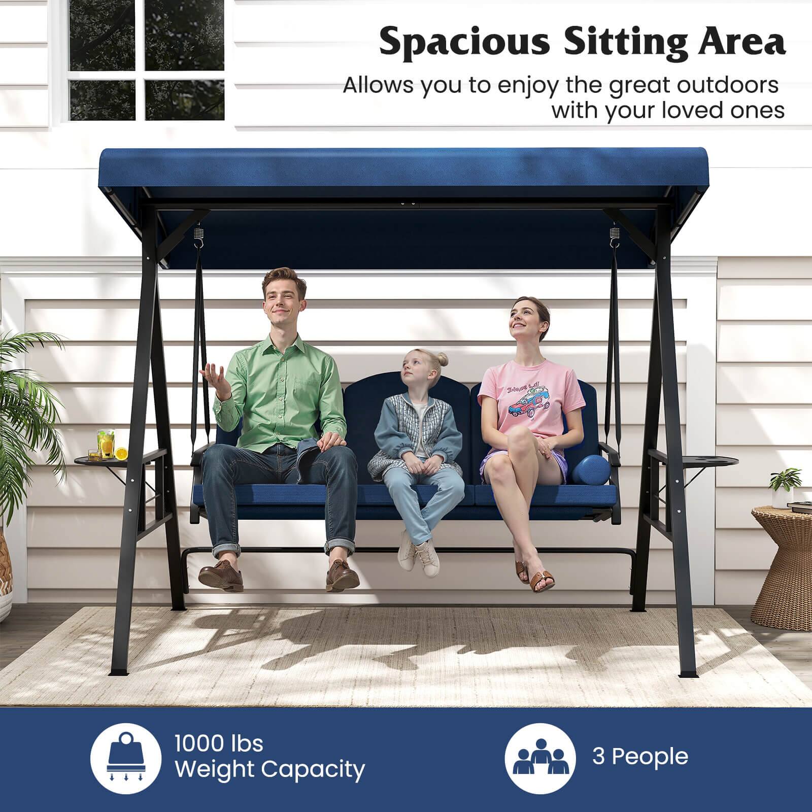 Spacious Sitting Area  
Allows you to enjoy the great outdoors with your loved ones  

1000 lbs Weight Capacity  
3 People