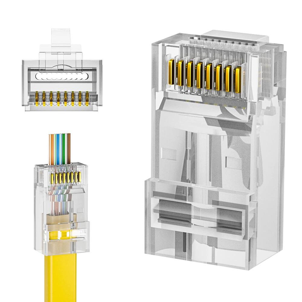 Angle. ACJPR - RJ45 Cat6 Pass-Through Connectors for Ethernet Cable, Gold-Plated, Crimp Plugs, Solid and Stranded Wire, 100-Pack.