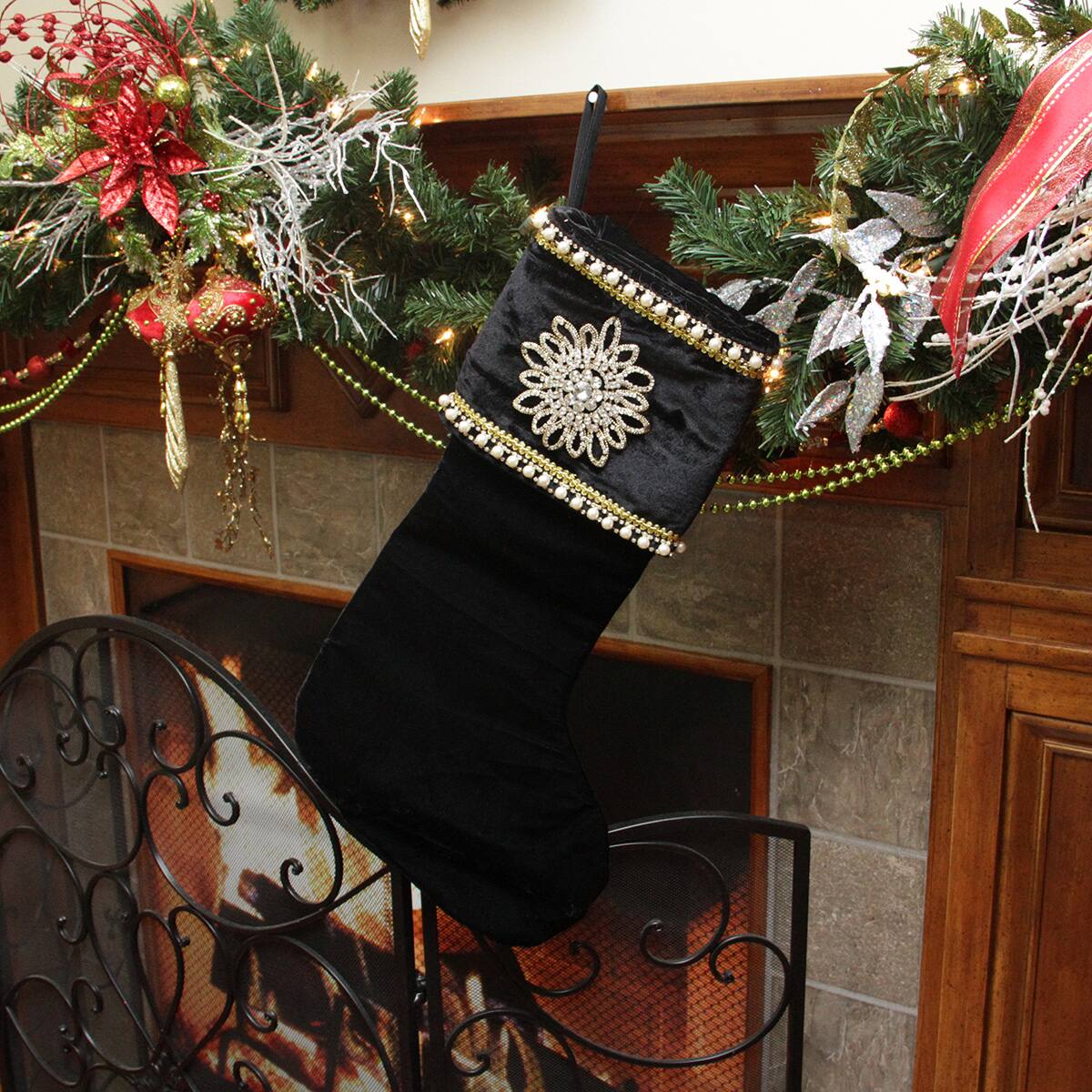 Alt View 1. CC Christmas Decor - 22" Black and Gold Trimmed Jewel Christmas Stocking - Black.
