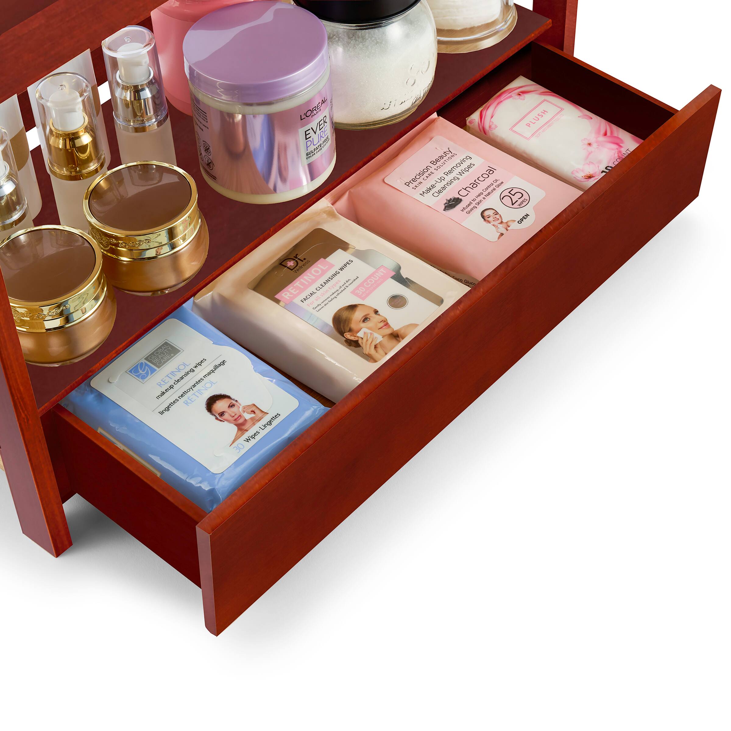 Sure, here is the corrected and grouped text from the image:

---

**L'Oréal Paris**

- **Ever Plush Duo**
  - Charcoal Cleansing Lame
  - 30 Charcoal Cleansing Lames

- **Dr. J. Retinol**
  - Retinol Cleansing Wipes
  - 30 Wipes
  - 25 ml

- **Precision Makeup Remover**
  - Charcoal Cleansing Wipes
  - 25 Wipes

- **Retinol Cleansing Wipes**
  - 30 Wipes

---

This text is grouped based on the visible product names and descriptions in the image.