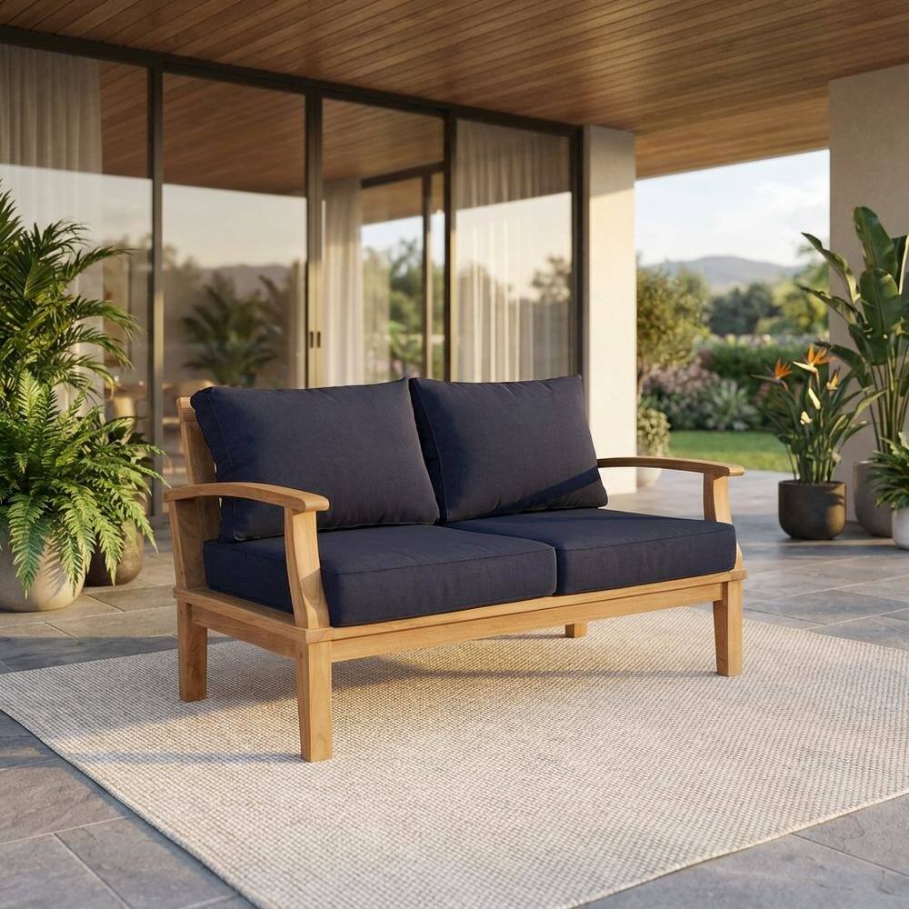 Angle. Outdoor Escape - Outdoor Teak Loveseat With Cushioned Seating And Armrests For Patio Use - Blue.