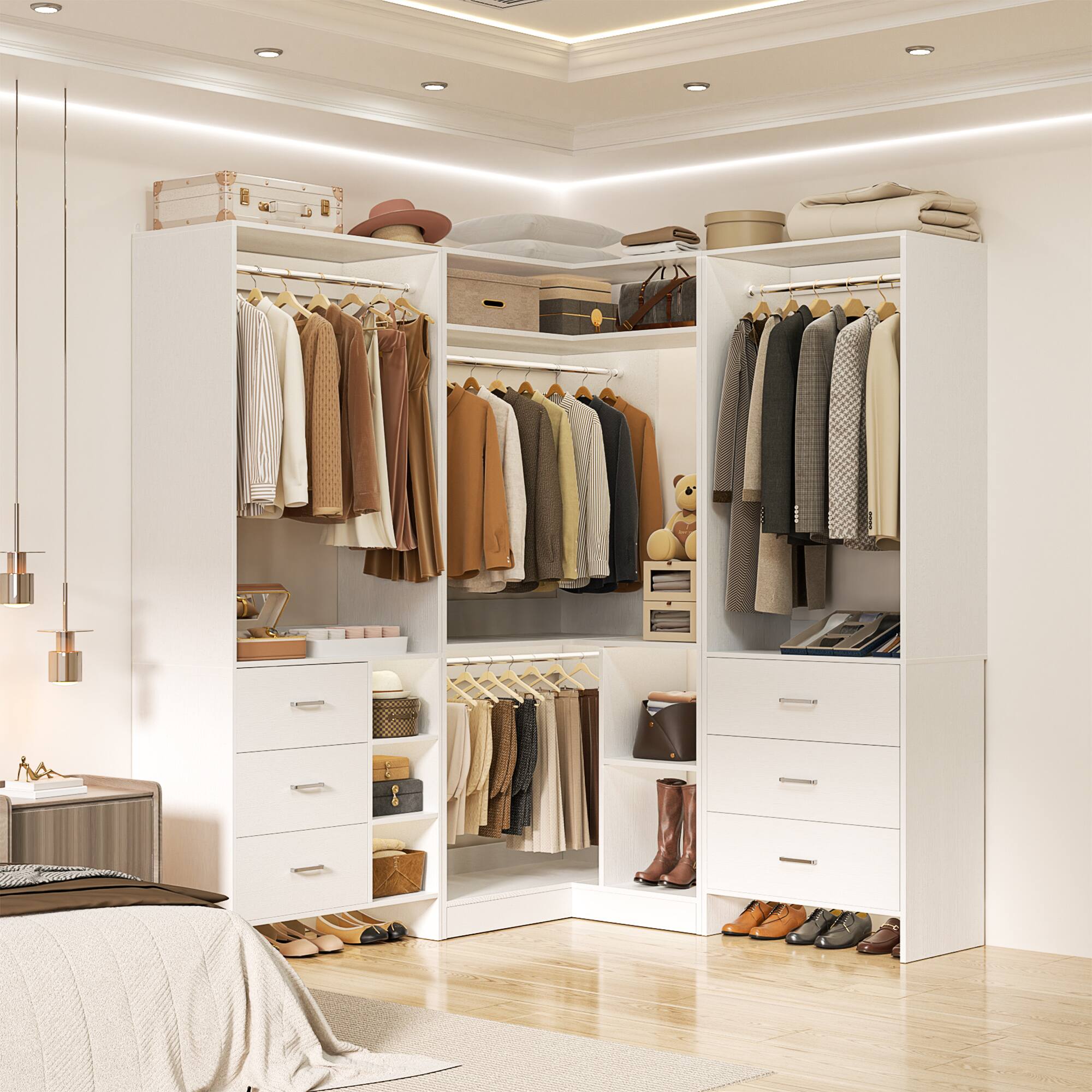 Alt View 5. Aheaplus - L Shaped Closet System with 4 Drawers, 4 Hanging Rods, and Corner Tower, 80.9'' Corner Wardrobe System, Reversible - White.