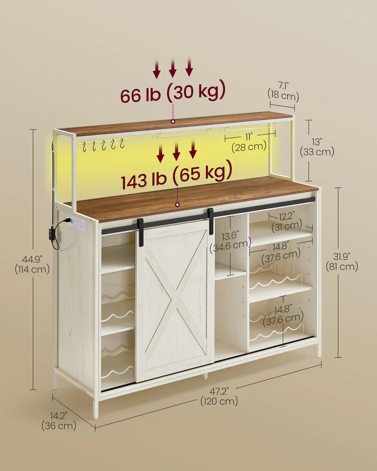 7.1" (18 cm)  
66 lb (30 kg)  
11" (28 cm) (33 cm)  
143 lb (65 kg)  
44.9" (114 cm)  
12.2" (31 cm)  
13.6" (34.6 cm)  
14.8" (37.6 cm)  
31.9" (81 cm)  
14.8" (37.6 cm)  
14.2" (36 cm)  
47.2" (120 cm)