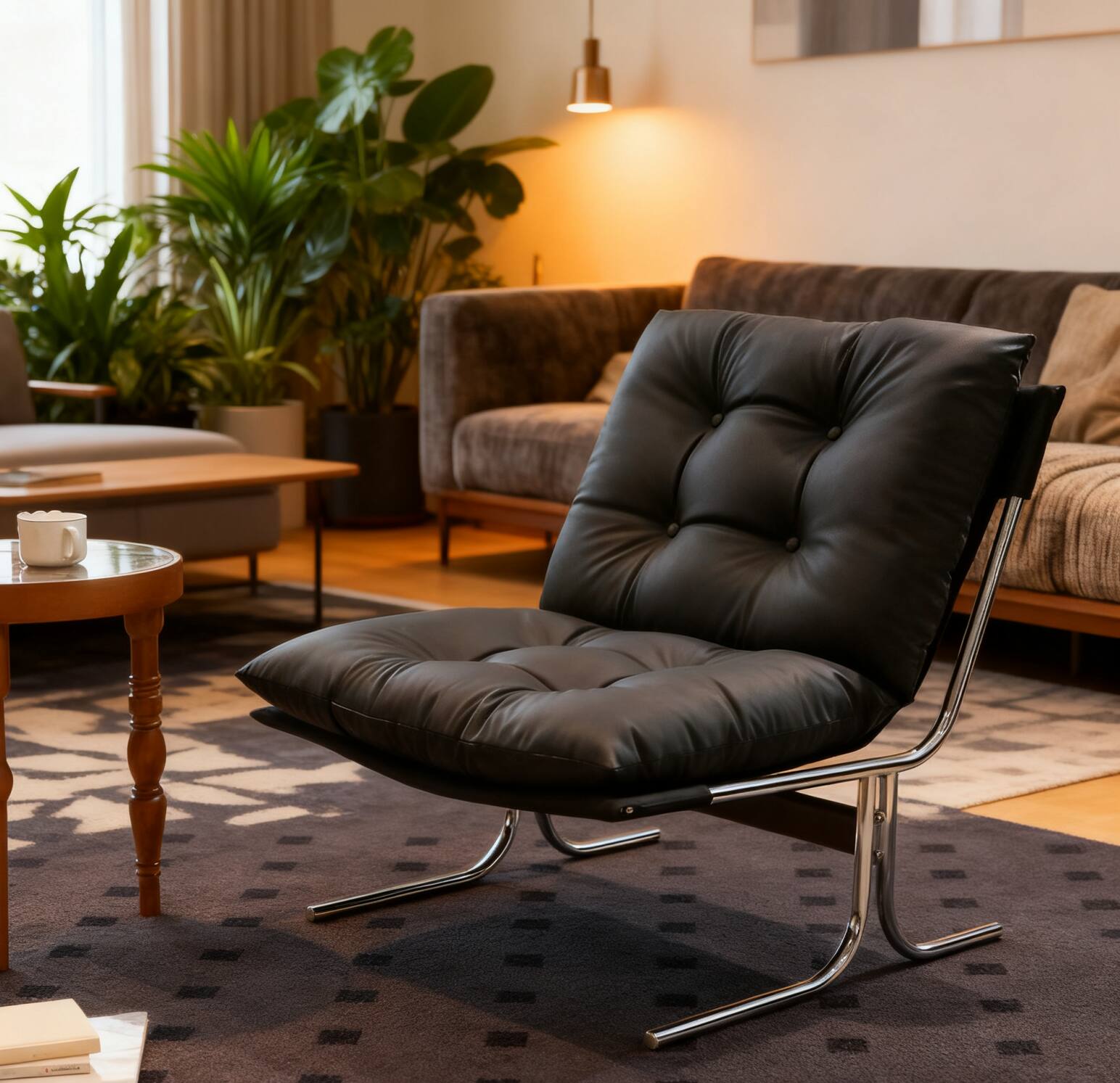 Front. TinyHomie - Black Leather High Back Accent Armchair Metal Legs - Black.