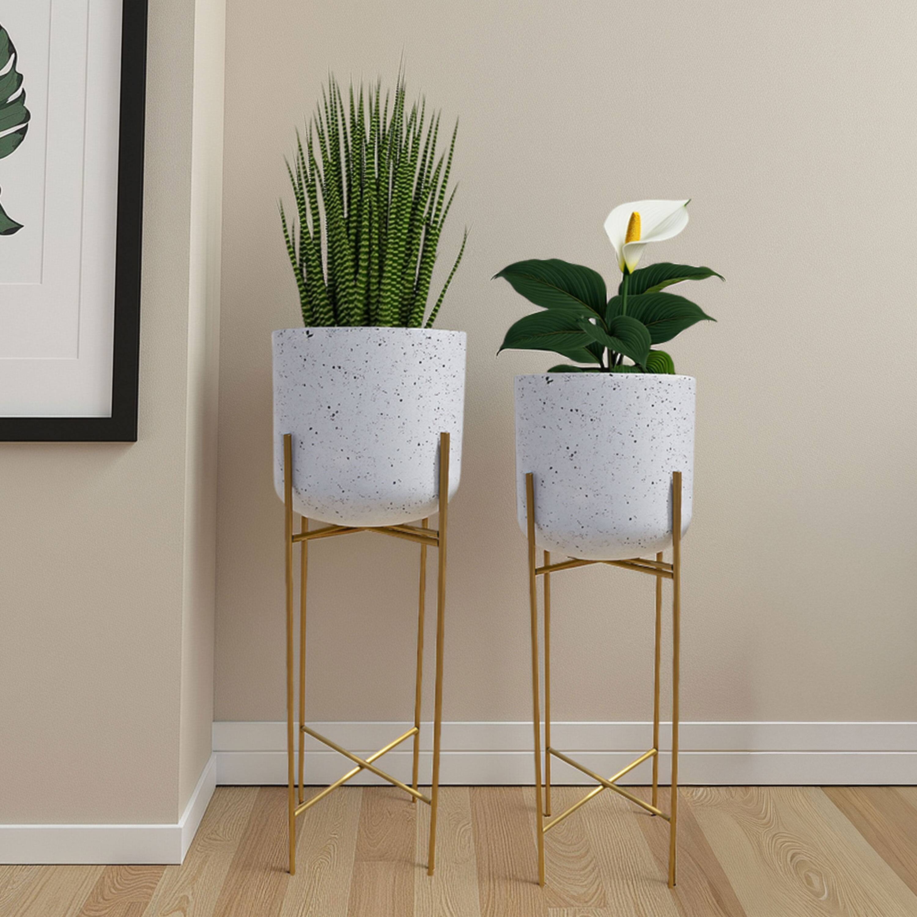 Alt View 4. Manhattan Lane - Aira Set of 2 Planters | 20, 22" Tall | Gold Foldable Metal Stand | White Speckled Pattern.