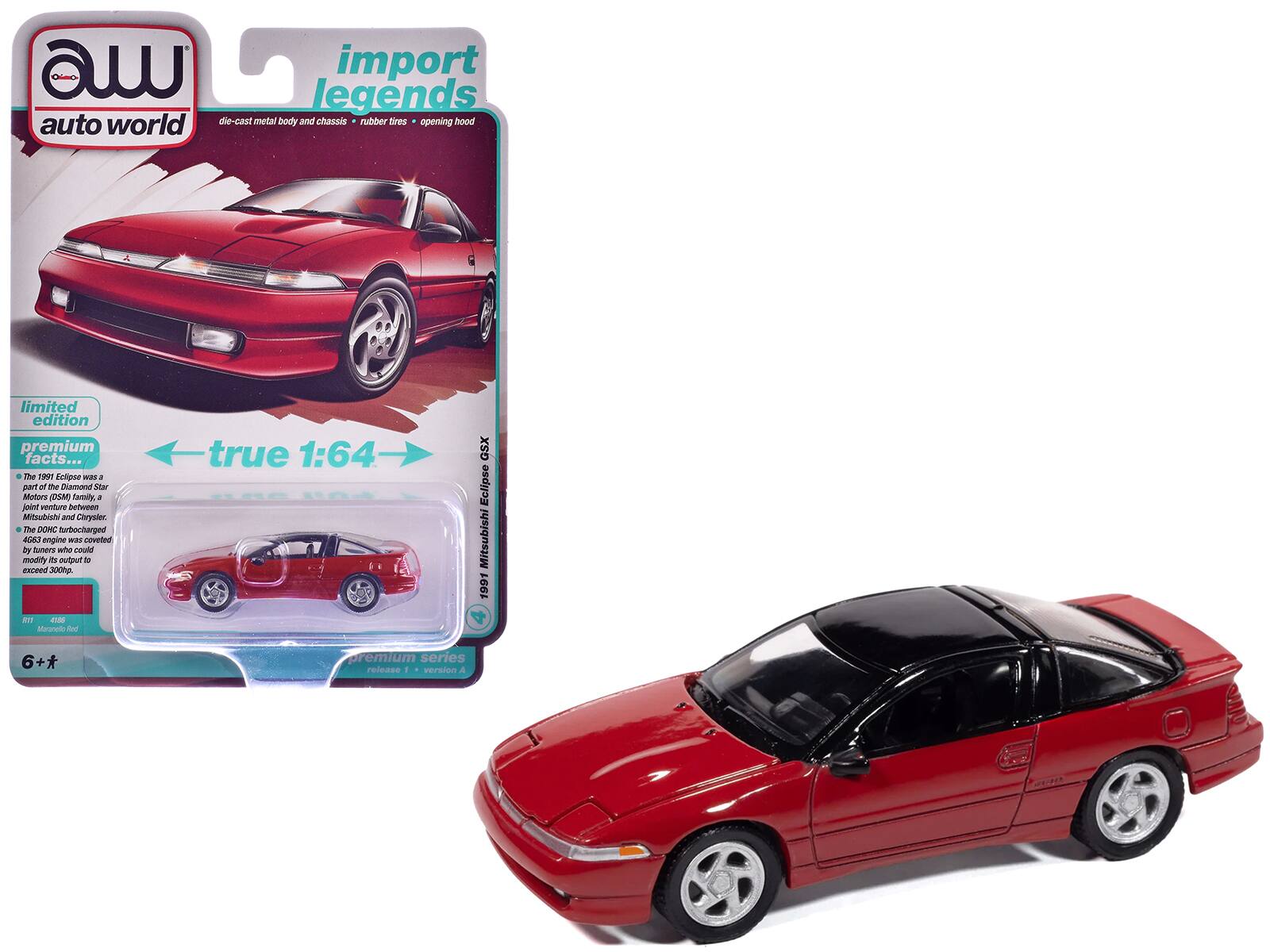 Autoworld - 1991 Mitsubishi Eclipse GSX Maranello Red with Black Top "Import Legends" Series 1/64 Diecast Model Car by Auto World - Red and Black