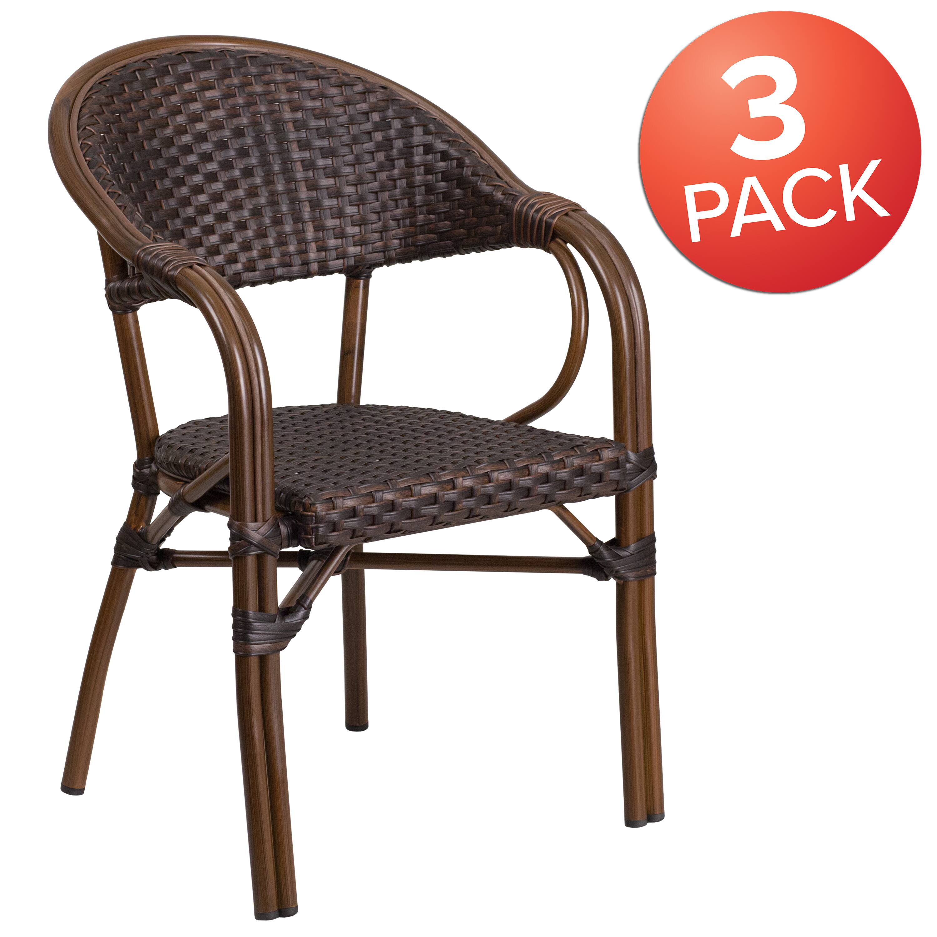 Alt View 1. Emma + Oliver - 3 Pack Rattan Restaurant Patio Chair with Bamboo-Aluminum Frame - Dark Brown Rattan/Red Bamboo-Aluminum Frame.