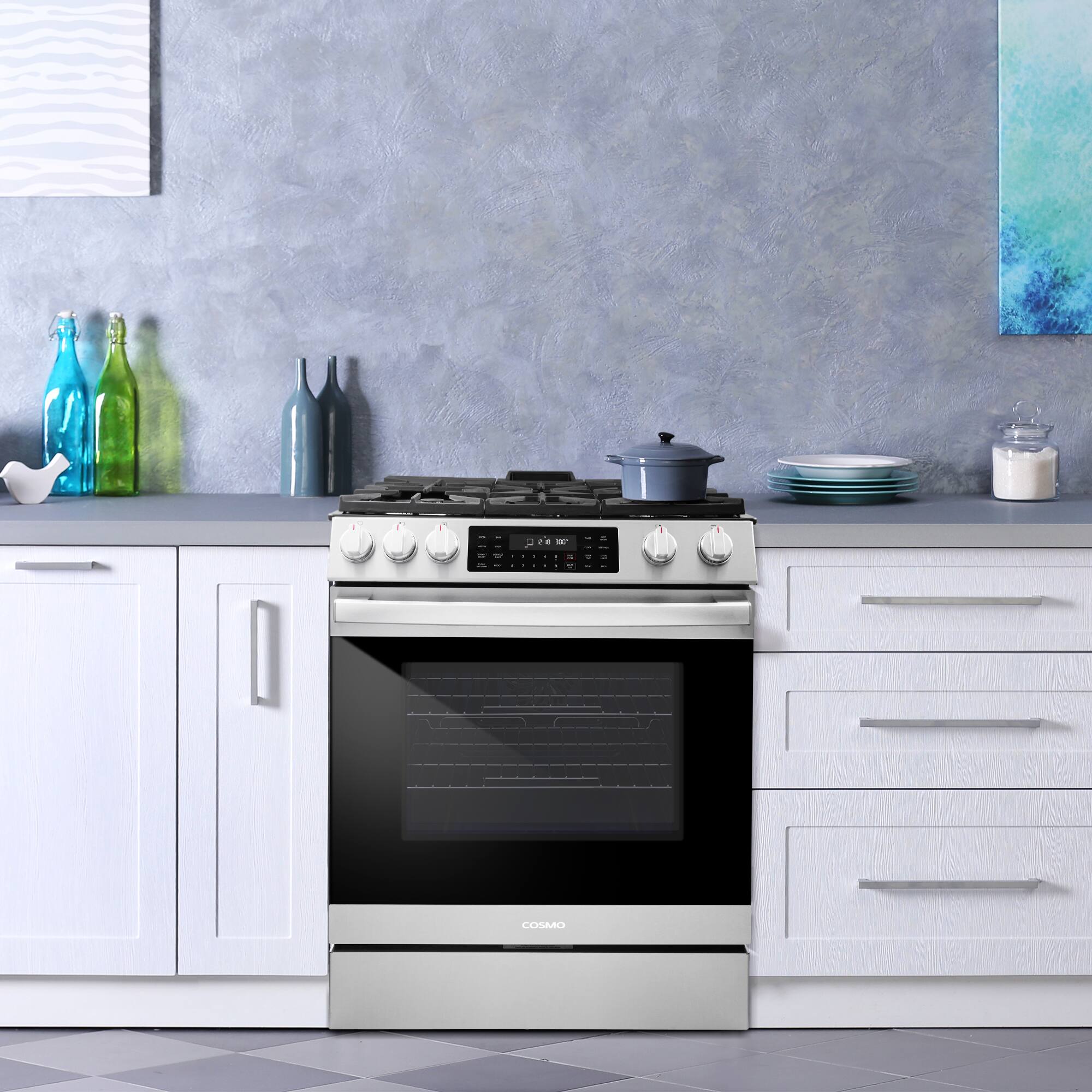 Angle. COSMO - COS-GRC305KTD 30 in. Lumin Collection 6.1 cu. ft. Gas Range with 5 Burners, Convection Oven, Self Clean, Air Fry - Stainless Steel.