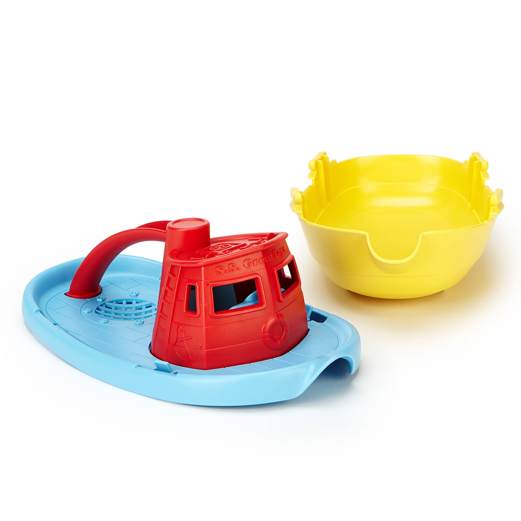 The image shows a red and blue toy boat, which is a part of a children's play set. The boat is sitting on top of a blue base, and it is accompanied by a yellow bowl. The toy boat is designed to be used with a water play set, and it is likely intended for children to play with and enjoy.