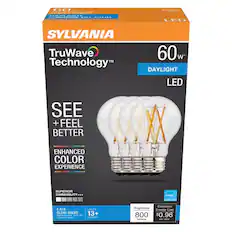 SYLVANIA
TruWave Technology™
60 W
DAYLIGHT LED
SEE + FEEL BETTER
ENHANCED COLOR EXPERIENCE
SUPERIOR DIMMABILITY
4 A19 CLEAR BULBS
LASTS 13+ YEARS*
Brightness: 800 lumens
Estimated Energy Cost: $0.96 per year
Energy Star
