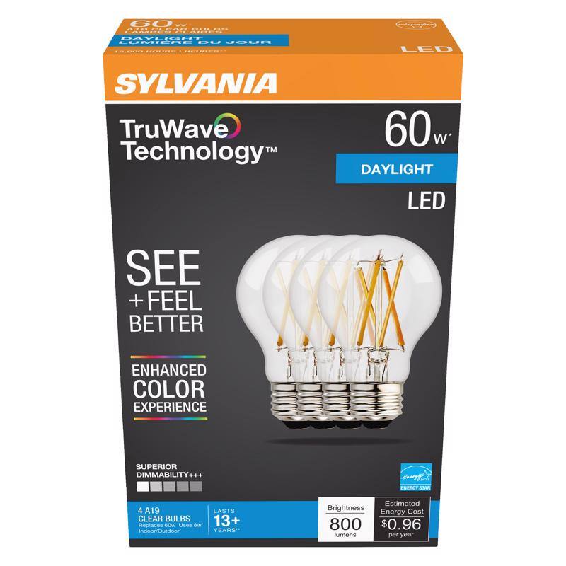 SYLVANIA
TruWave Technology™
60 W
DAYLIGHT LED
SEE + FEEL BETTER
ENHANCED COLOR EXPERIENCE
SUPERIOR DIMMABILITY
4 A19 CLEAR BULBS
LASTS 13+ YEARS*
Brightness: 800 lumens
Estimated Energy Cost: $0.96 per year
Energy Star