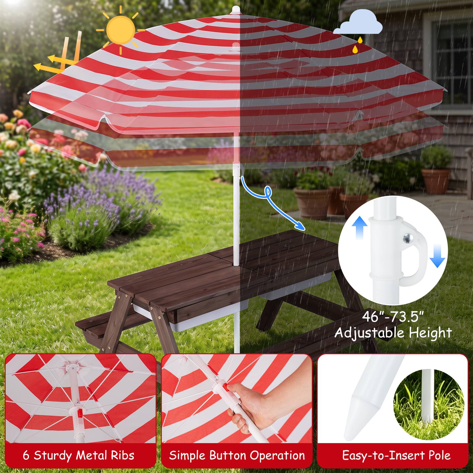 46"-73.5" Adjustable Height  
6 Sturdy Metal Ribs  
Simple Button Operation  
Easy-to-Insert Pole
