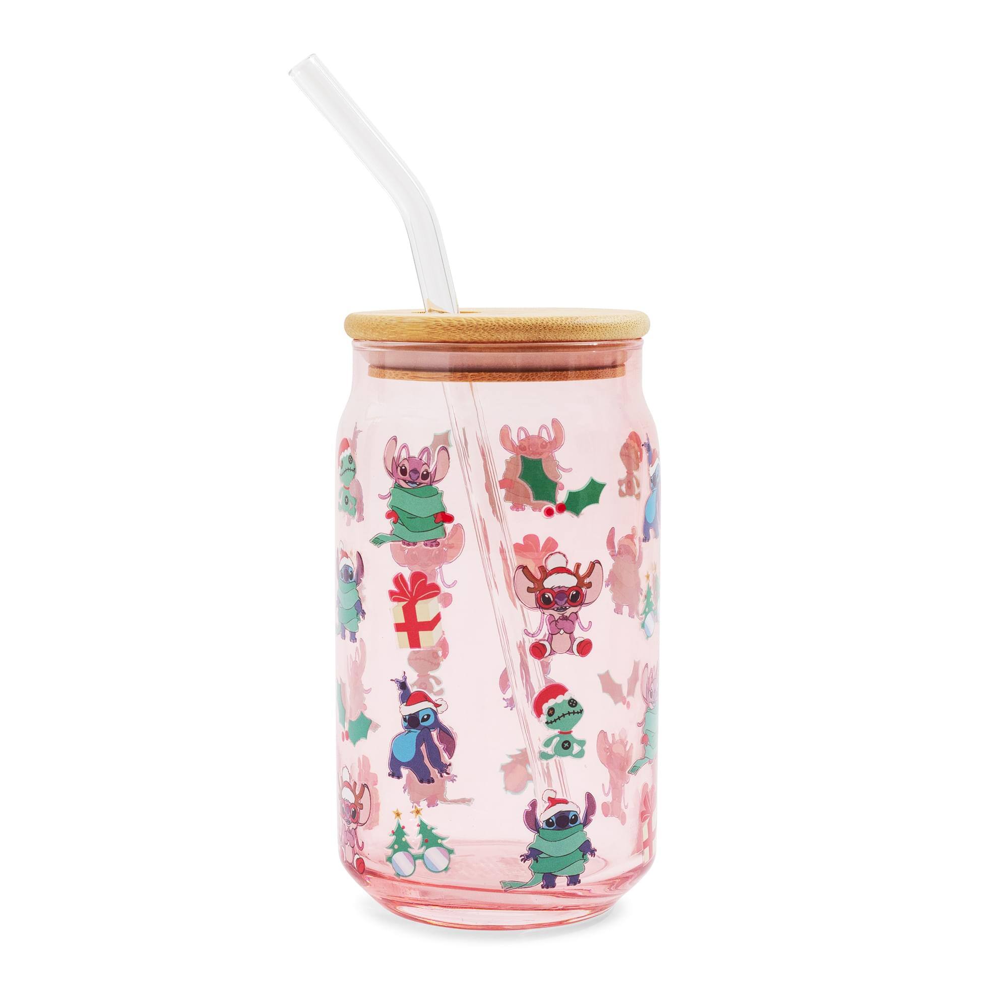Alt View 1. Silver Buffalo - Disney Lilo & Stitch Holiday 16-Ounce Glass Tumbler With Bamboo Lid and Straw - Pink.