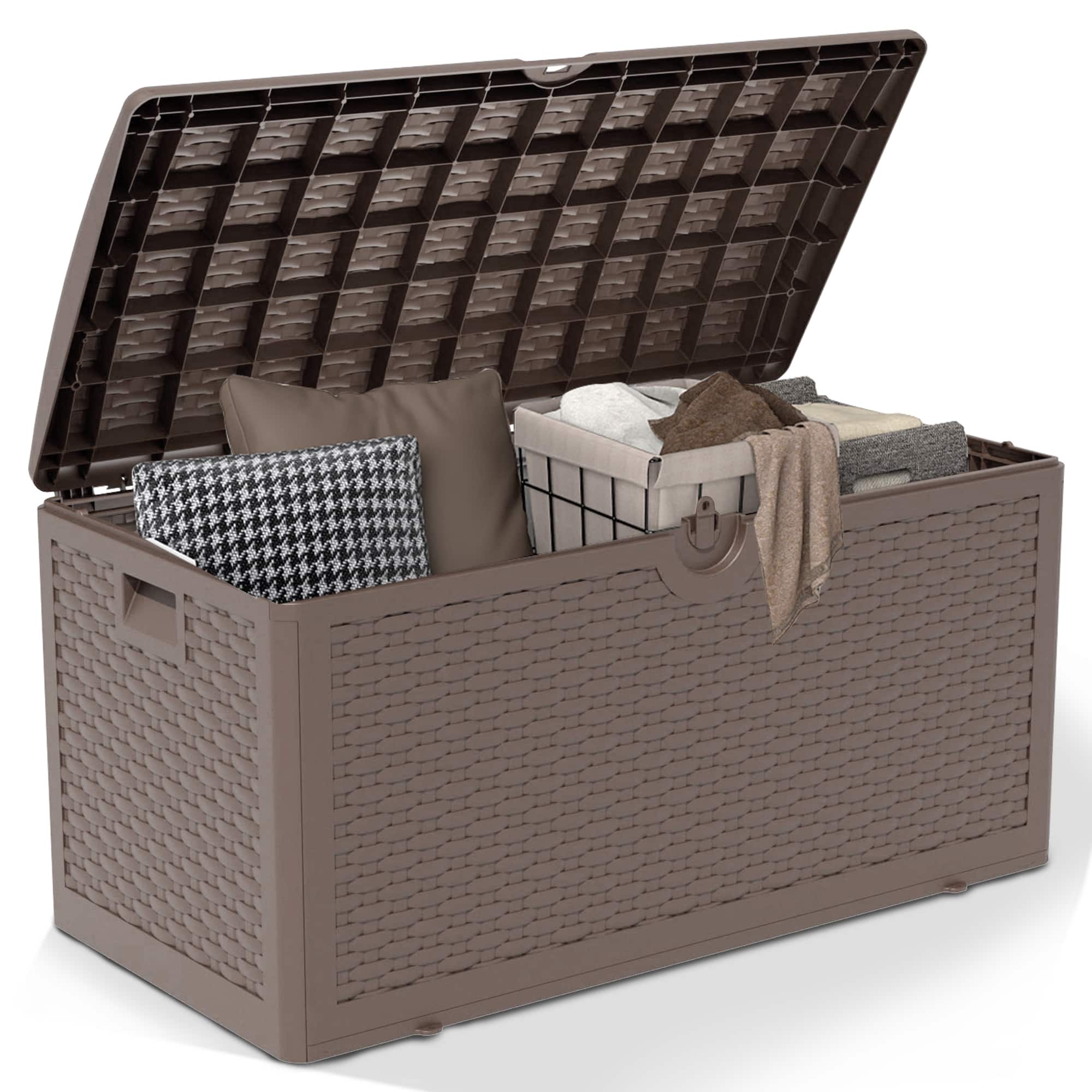 Front. Yardgrace - 90 Gallon Resin Storage Box All-Weather Lockable Multi-Purpose Deck Box for Storage - Brown.