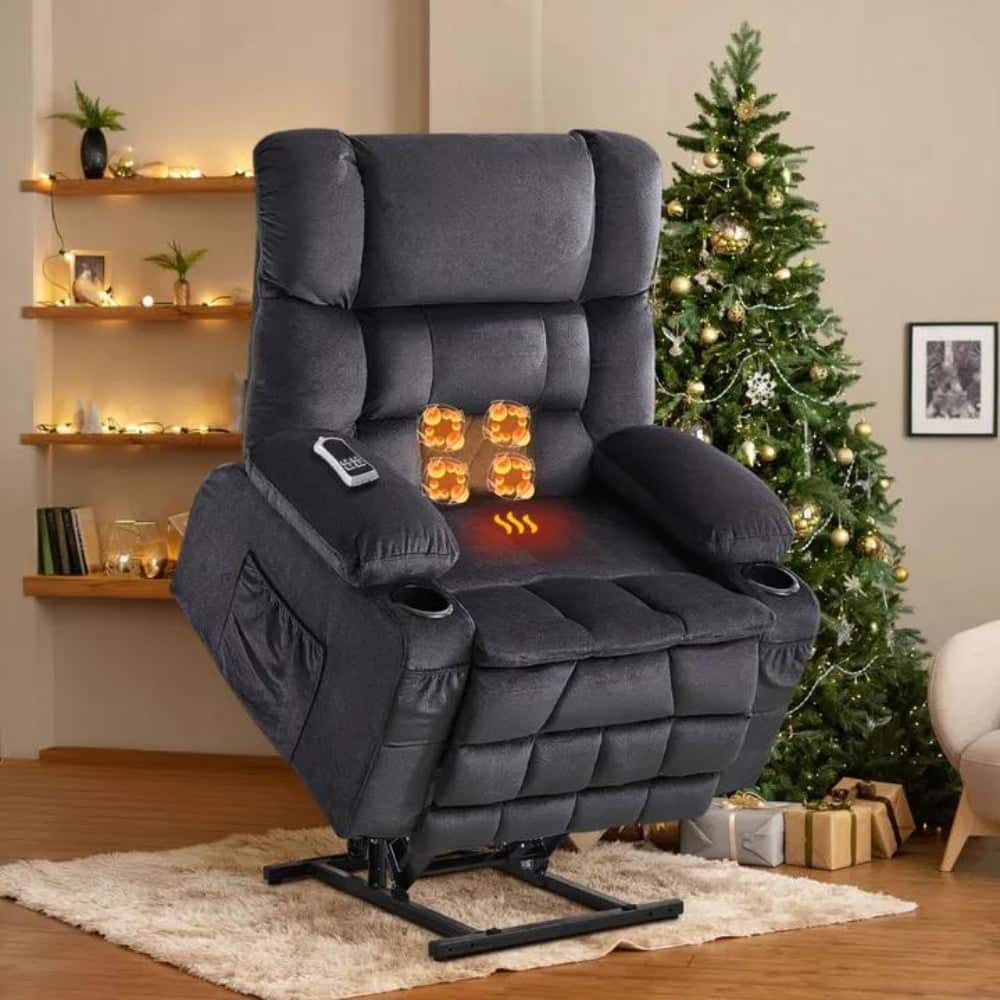 Boyel Living - Dual Motor Power Lift Recliner Chair for Elderly Waist Knead Heat Lay Flat Cup Holders - Gray