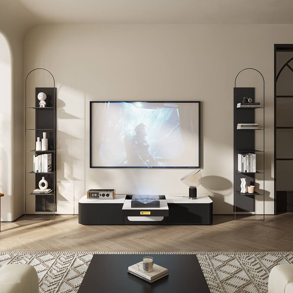Left. POVISON - 63" Modern TV Stand for Projector Sintered Stone TV Cabinet with Drawers for Home Theater, Black & White - White & Black.