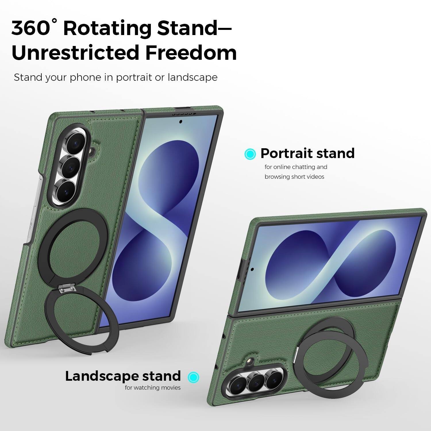 360° Rotating Stand—Unrestricted Freedom

Stand your phone in portrait or landscape

Portrait stand for online chatting and browsing short videos

Landscape stand for watching movies